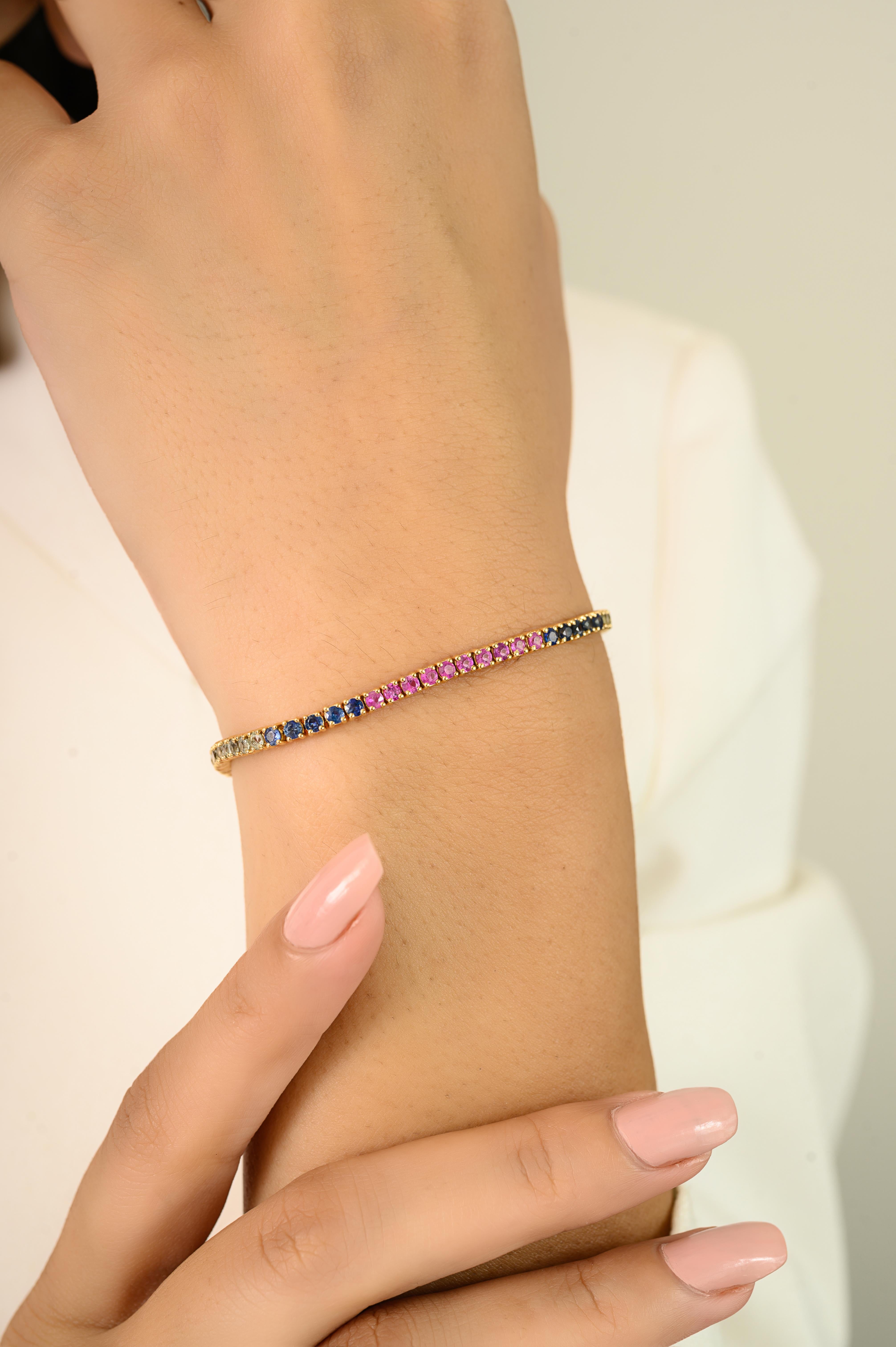 3.56 Ct Natural Round Cut Multi Sapphire Tennis Bracelet en or jaune 18k en vente 2