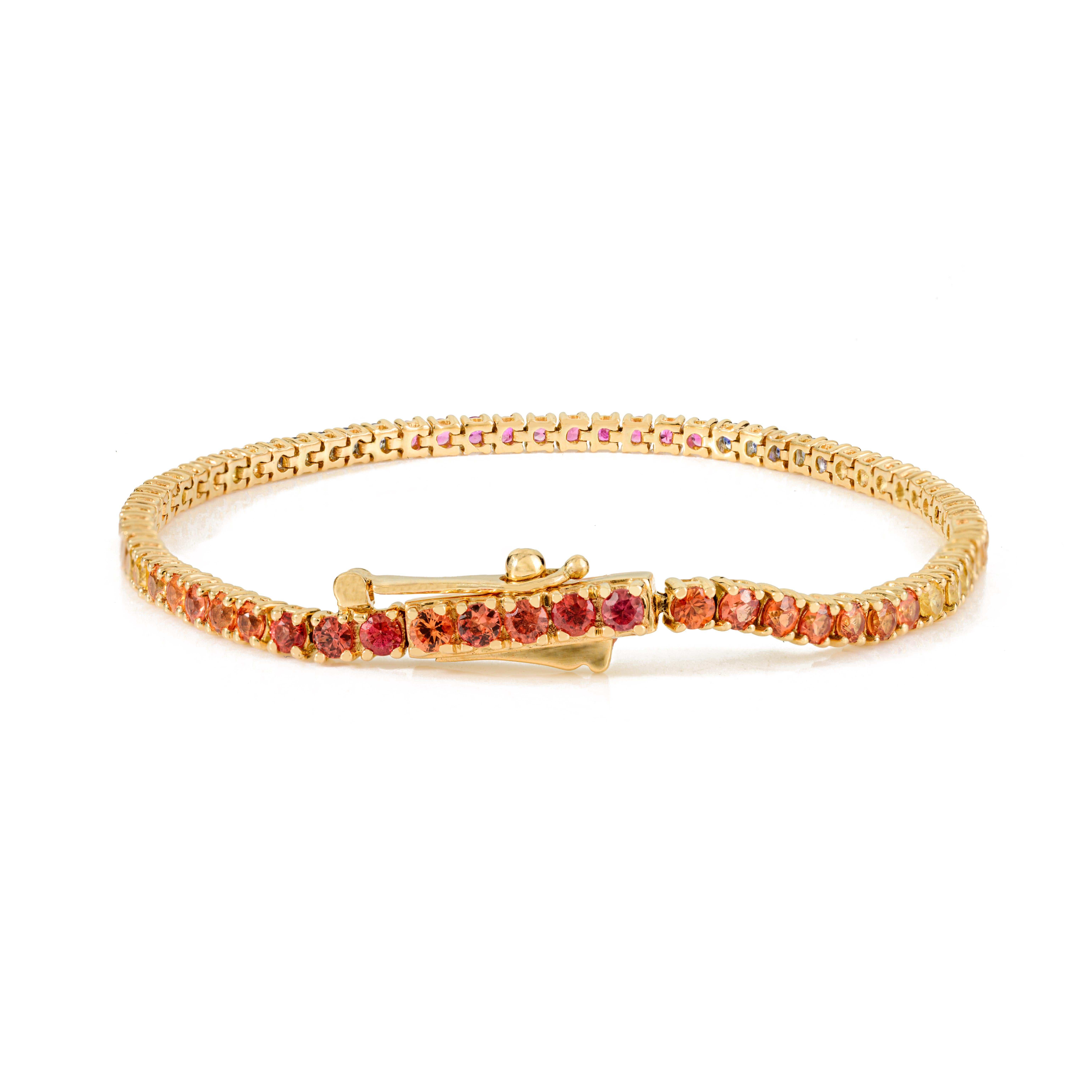 3.56 Ct Natural Round Cut Multi Sapphire Tennis Bracelet en or jaune 18k en vente 3