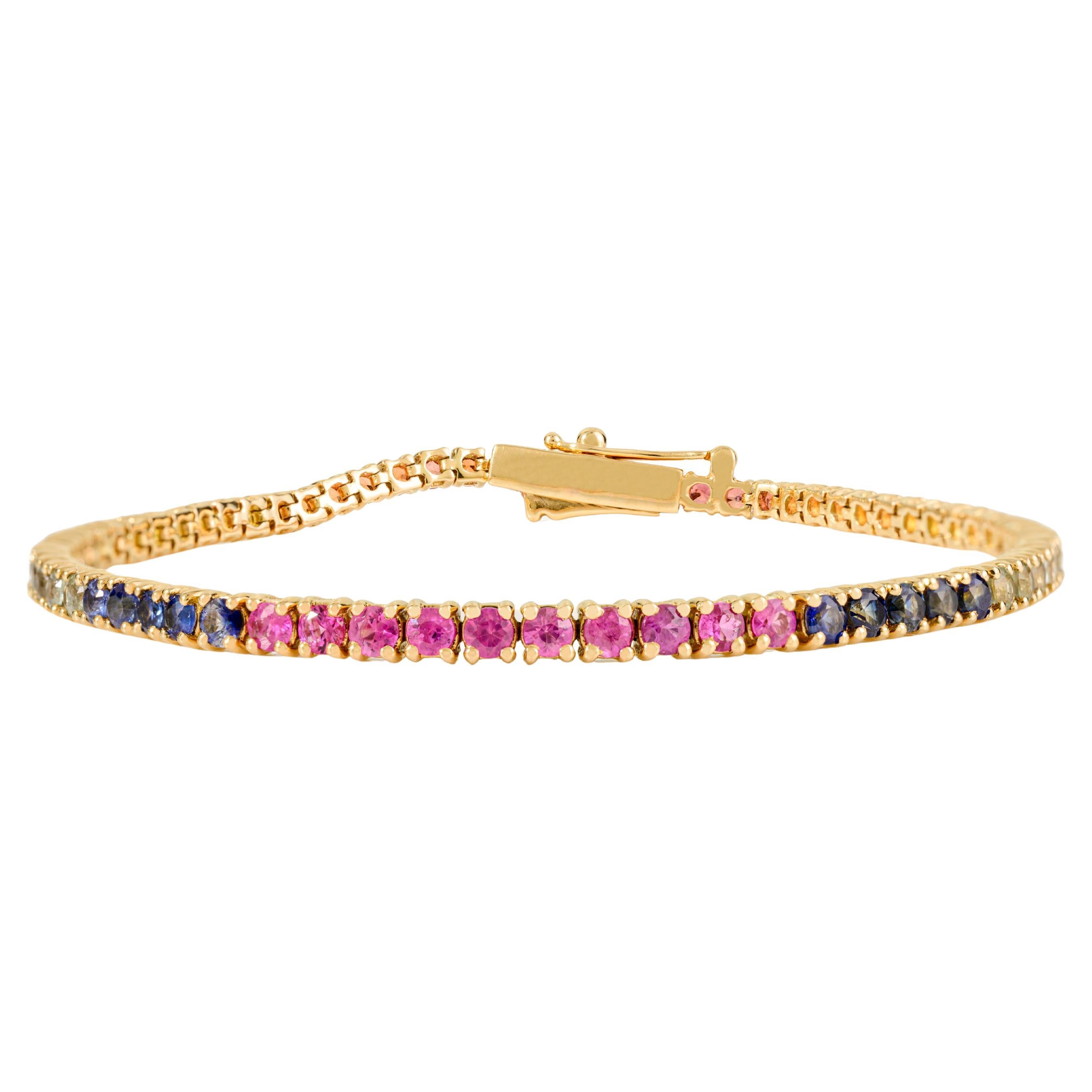3.56 Ct Natural Round Cut Multi Sapphire Tennis Bracelet en or jaune 18k
