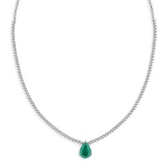 3.56 Ct Zambian Emerald 3.69 Ct Natural Diamond Drop Necklace 18K White Gold