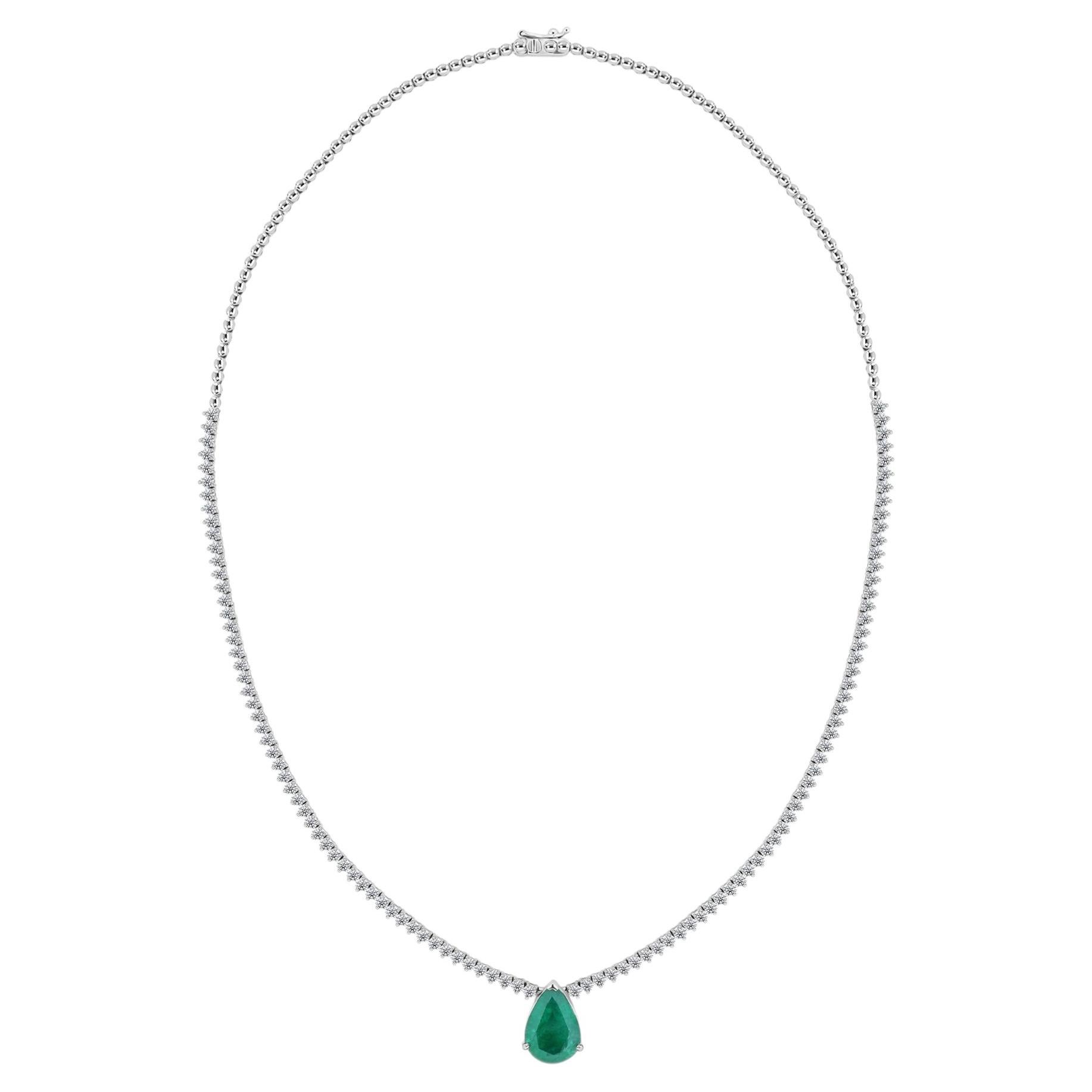 3.56 Ct Zambian Emerald 3.69 Ct Natural Diamond Drop Necklace 18K White Gold