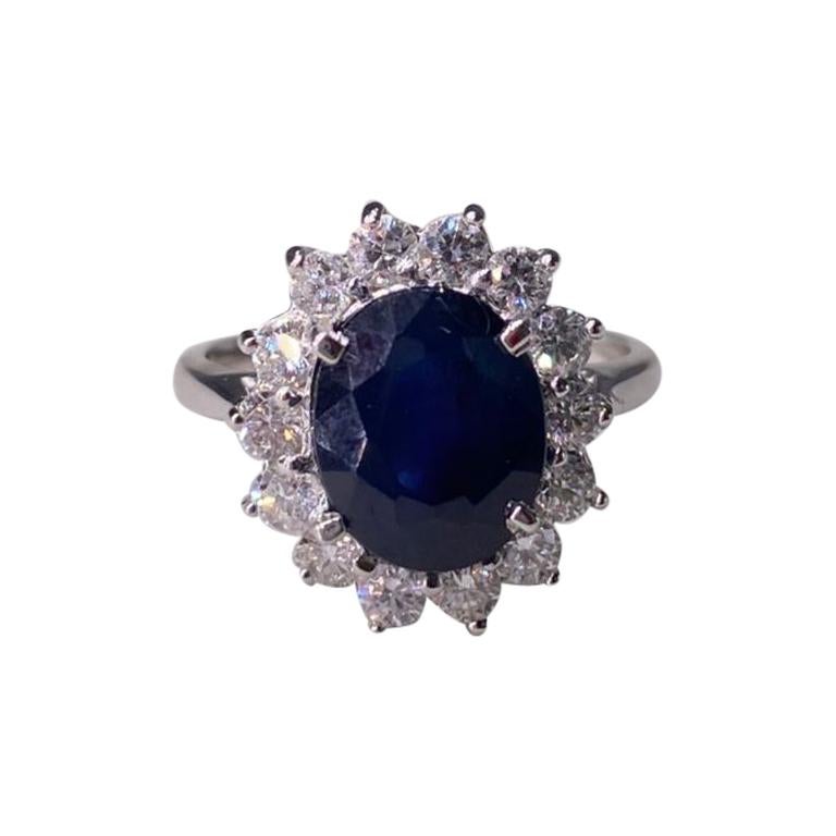 3.56 Ctw Natural Blue Sapphire Diamond Ring 18k Solid White Gold