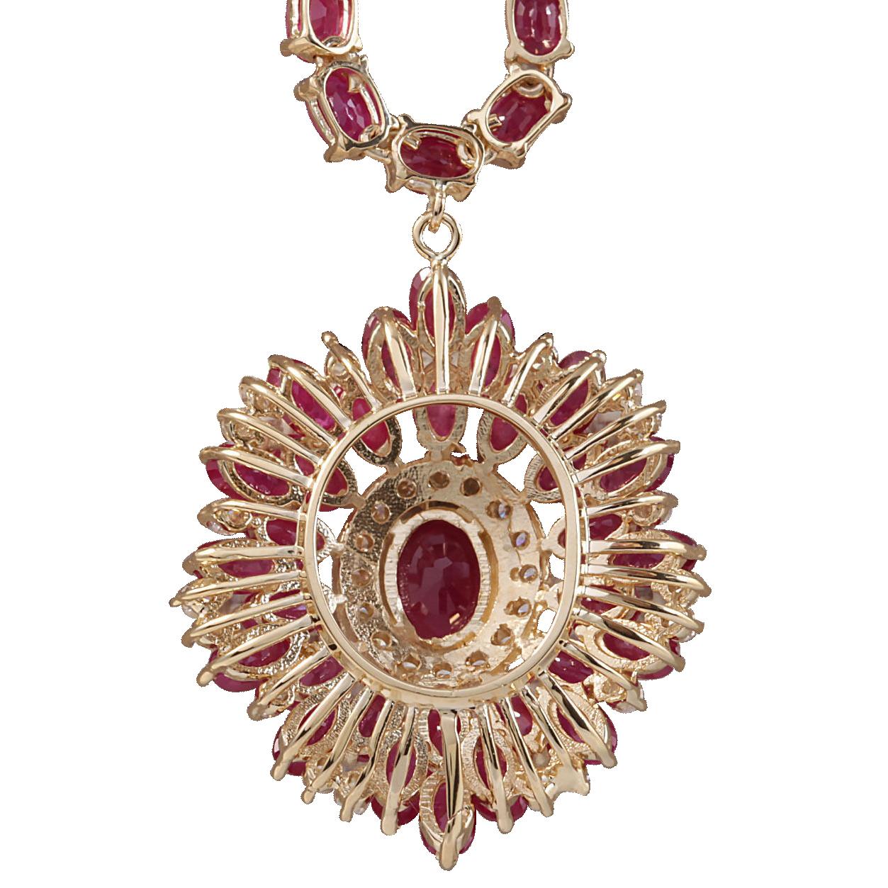 Stamped: 18K 
Total Necklace Weight: 25.9 Grams 
Diamond Weight: 1.00 carat. VS2-SI1 clarity / F-G color 
Center Gemstone Weight: Total Natural Center Ruby Weight is 1.00 Carat (Measures: 8.00x6.00 Millimeters) 
Side Gemstone Weight: Total Natural