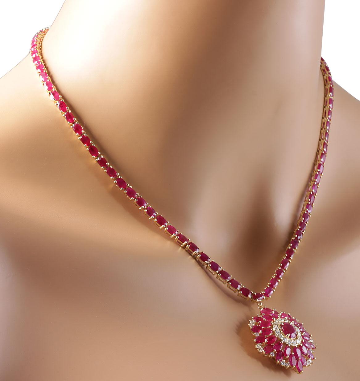 Women's 35.62 Carat Ruby 18 Karat Solid Yellow Gold Diamond Necklace