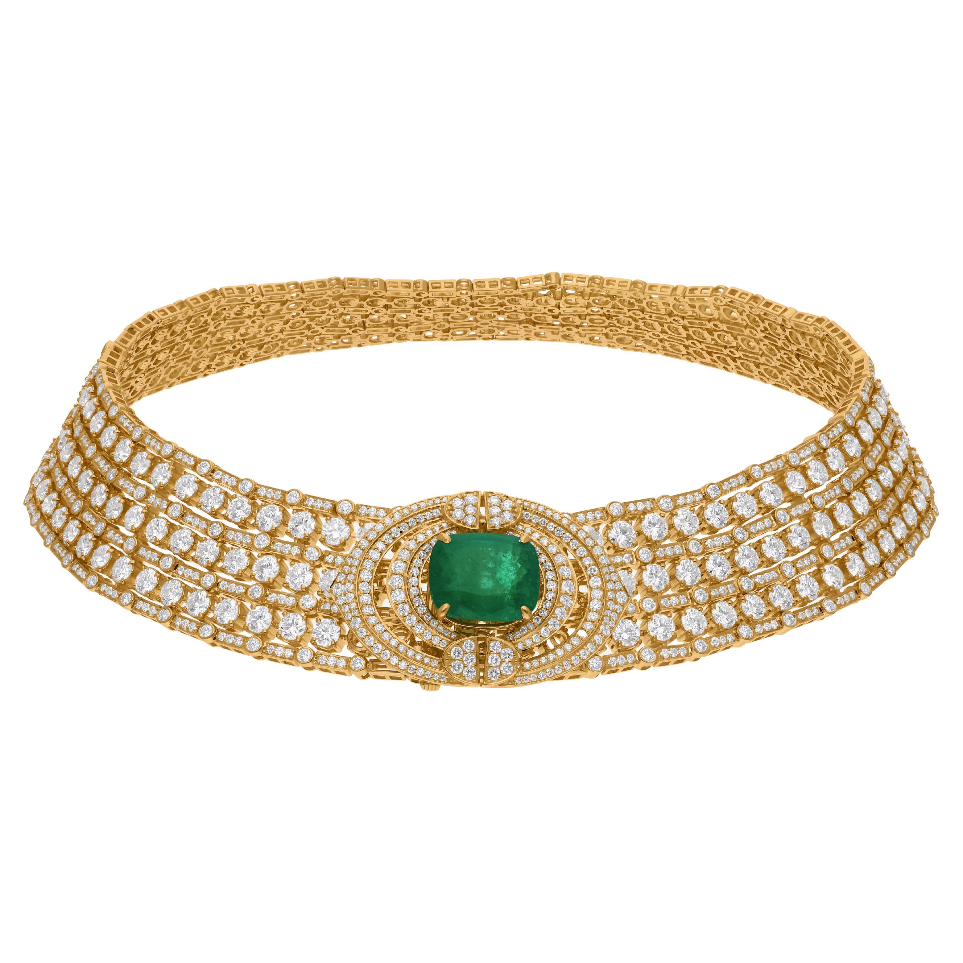 35,65 Tcw sambischen Smaragd Diamant 14K Solid Gold Hochzeit Choker Halskette für die Ehefrau im Angebot