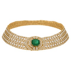 35.65TCW Zambian Emerald Natural Diamond 14K Gold Wide Choker Necklace Certified
