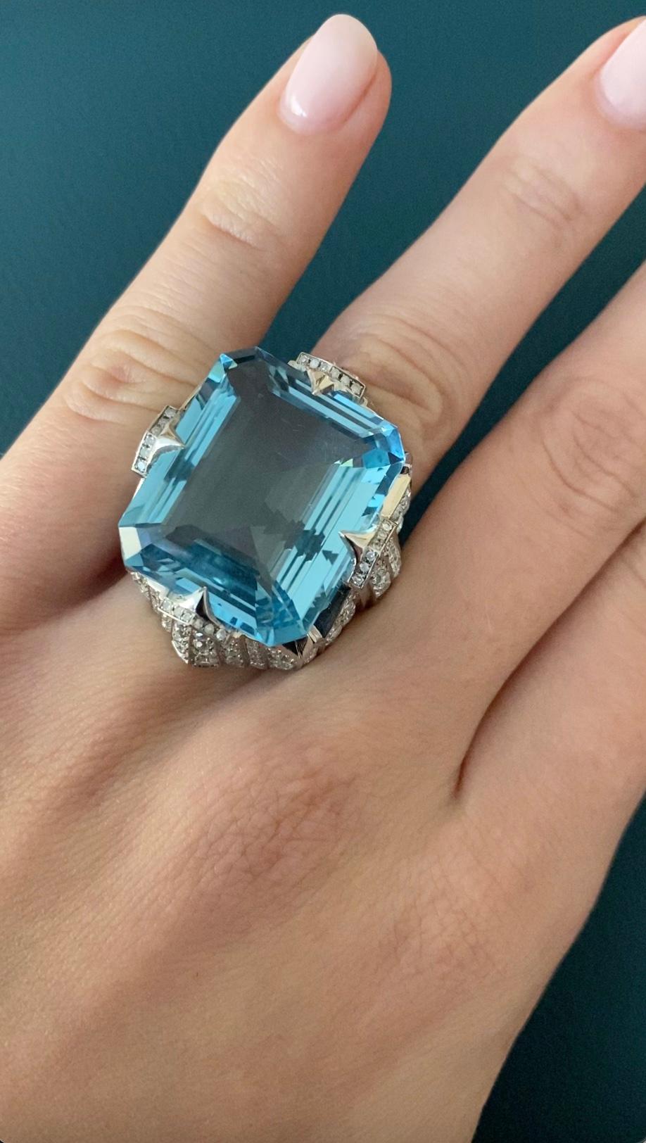 Art Deco 35.67 Carat Aquamarine Diamond Ring For Sale