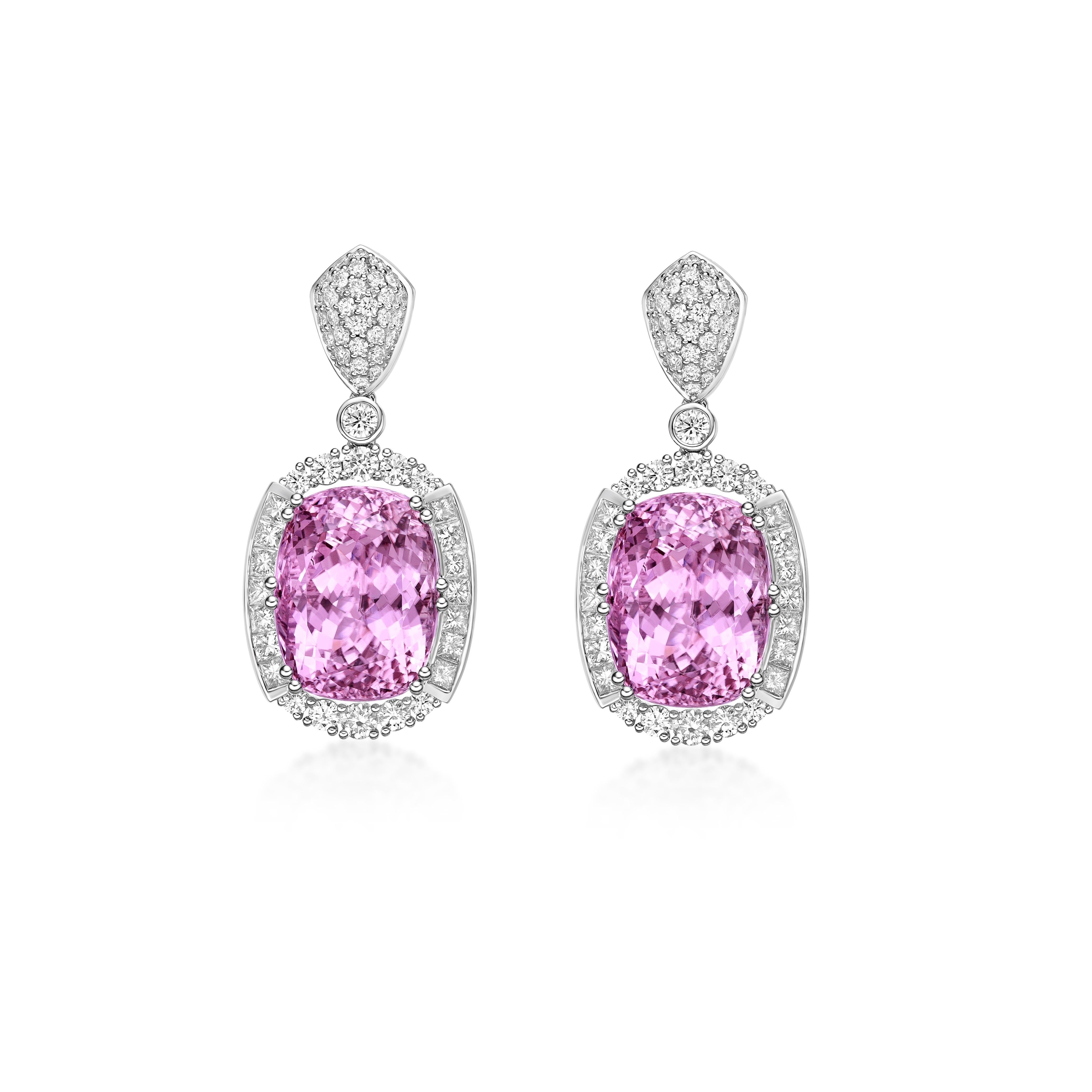 Contemporary 35.67 Carat Pink Tourmaline Drop Earrings in 18Karat White Gold with Diamond. For Sale