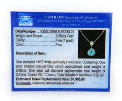 3.56ct Blue Pear Zircon and 0.21ct Pear Diamond Bezel Set Pendant Necklace, 14kt