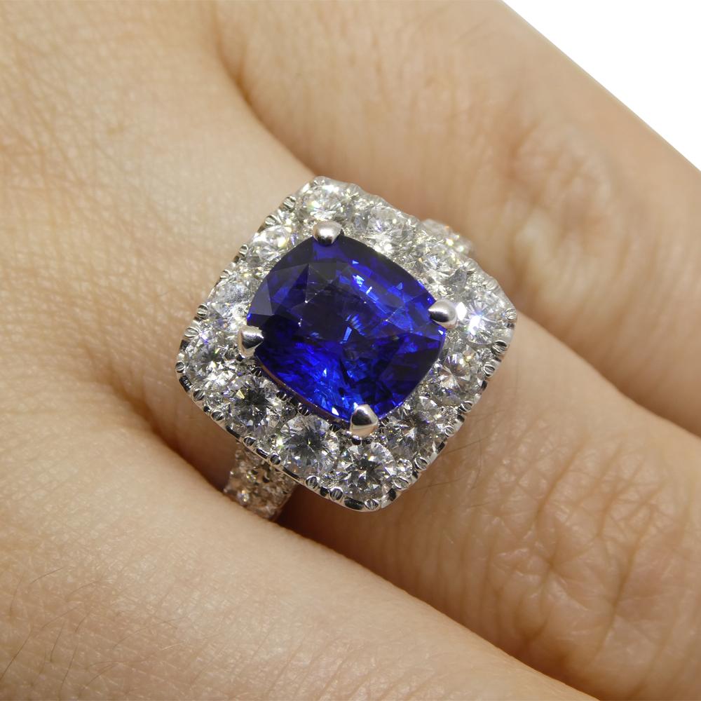 
Introducing our stunning Cushion-Cut Sapphire and Diamond Ring, a magnificent piece that embodies elegance and allure. At its center lies a mesmerizing cushion-cut sapphire weighing 3.56 carats. The sapphire, with its transparent clarity and a