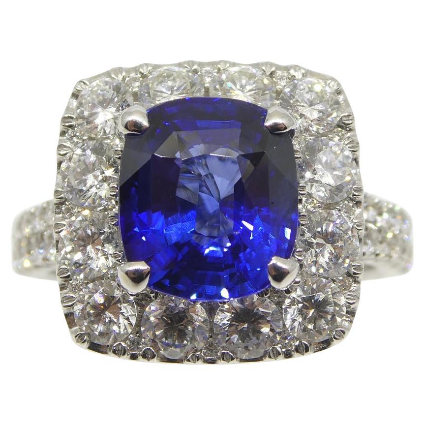 3.56ct Blue Sapphire, Diamond Engagement/Statement Ring in 18K White Gold For Sale