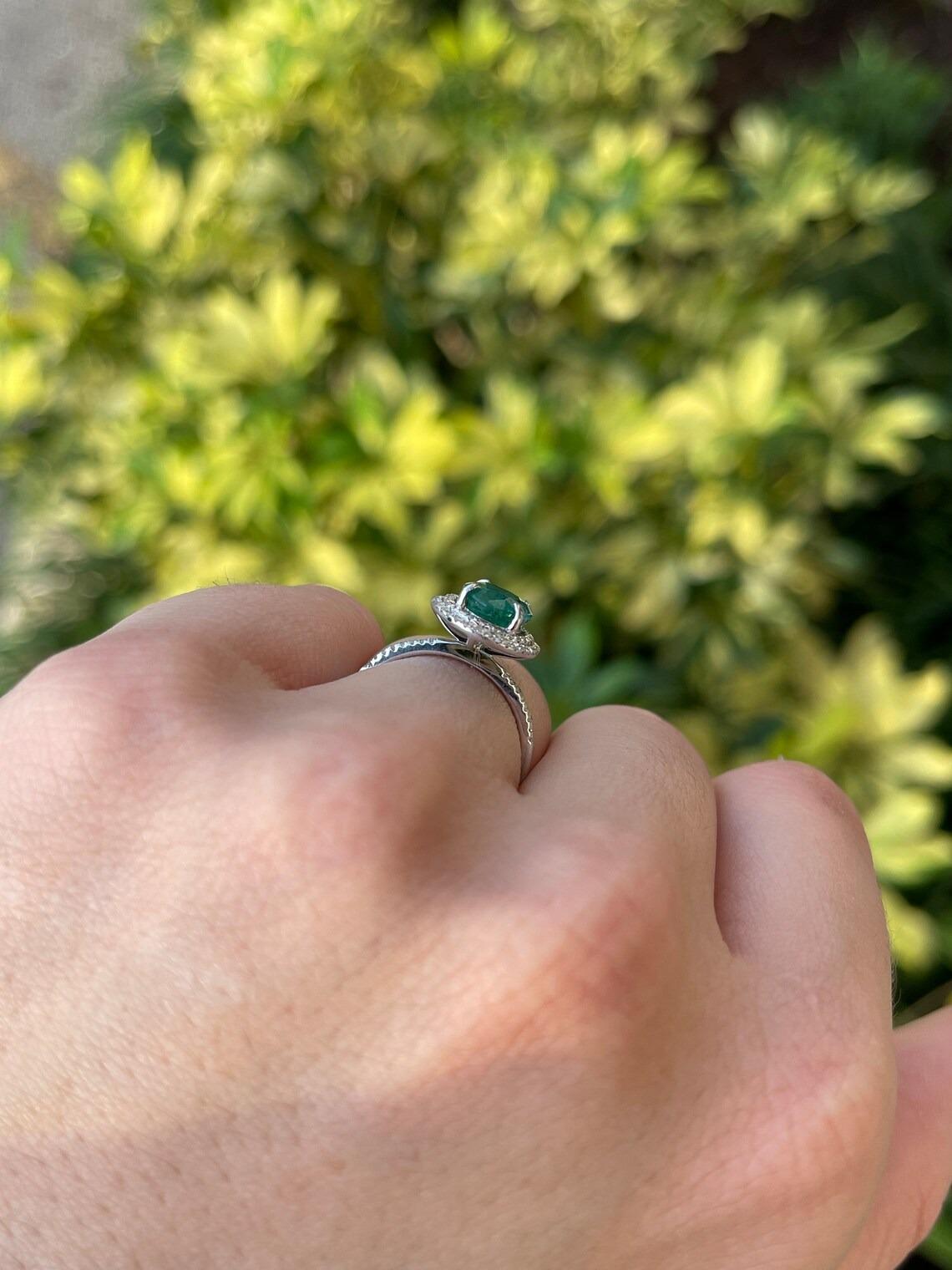 3.56tcw 14K Bluish Green Oval Emerald & Double Diamond Halo Engagement Ring In New Condition For Sale In Jupiter, FL
