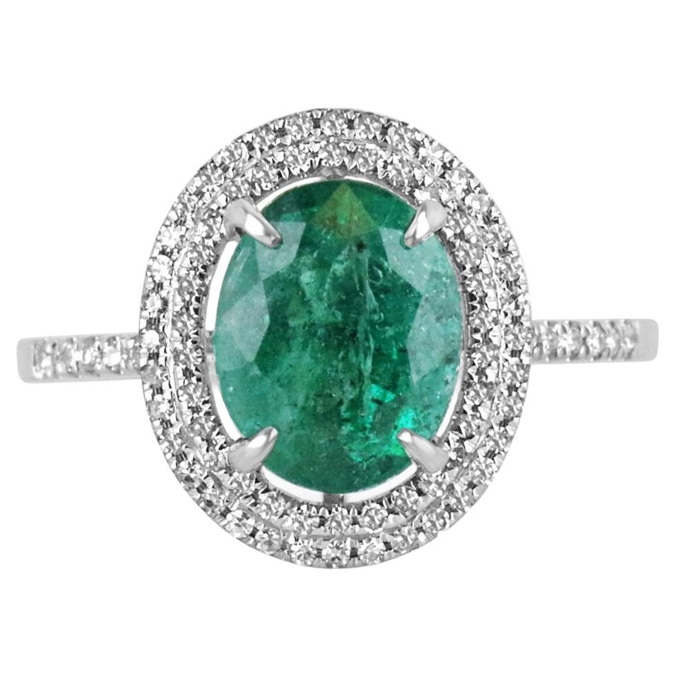 3.56tcw 14K Bluish Green Oval Emerald & Double Diamond Halo Engagement Ring For Sale