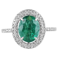 3.56tcw 14K Bluish Green Oval Emerald & Double Diamond Halo Engagement Ring