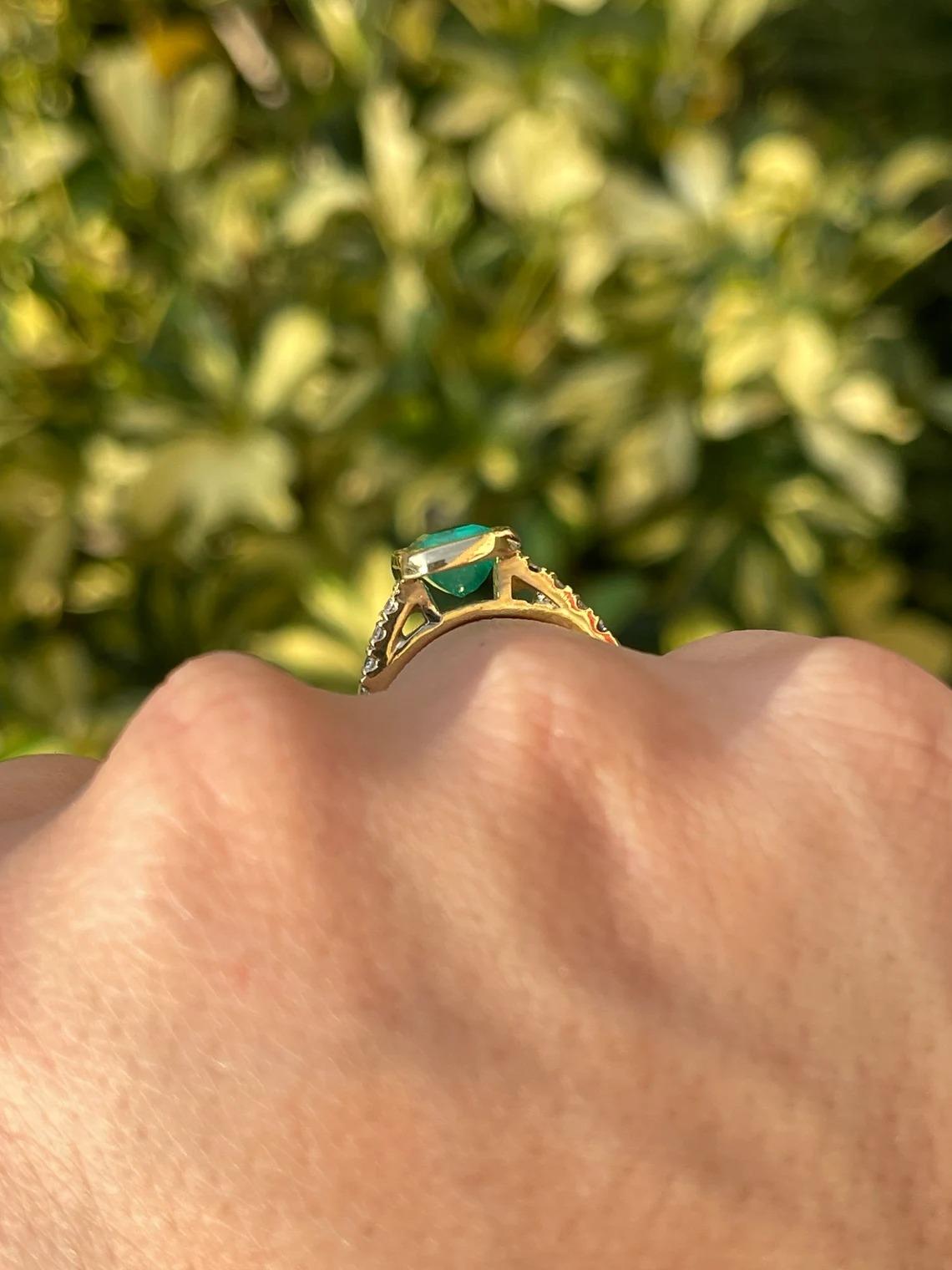 Women's 3.56tcw 18K Elongated Emerald-Emerald Cut Bezel Set & Diamond Accent Gold Ring For Sale
