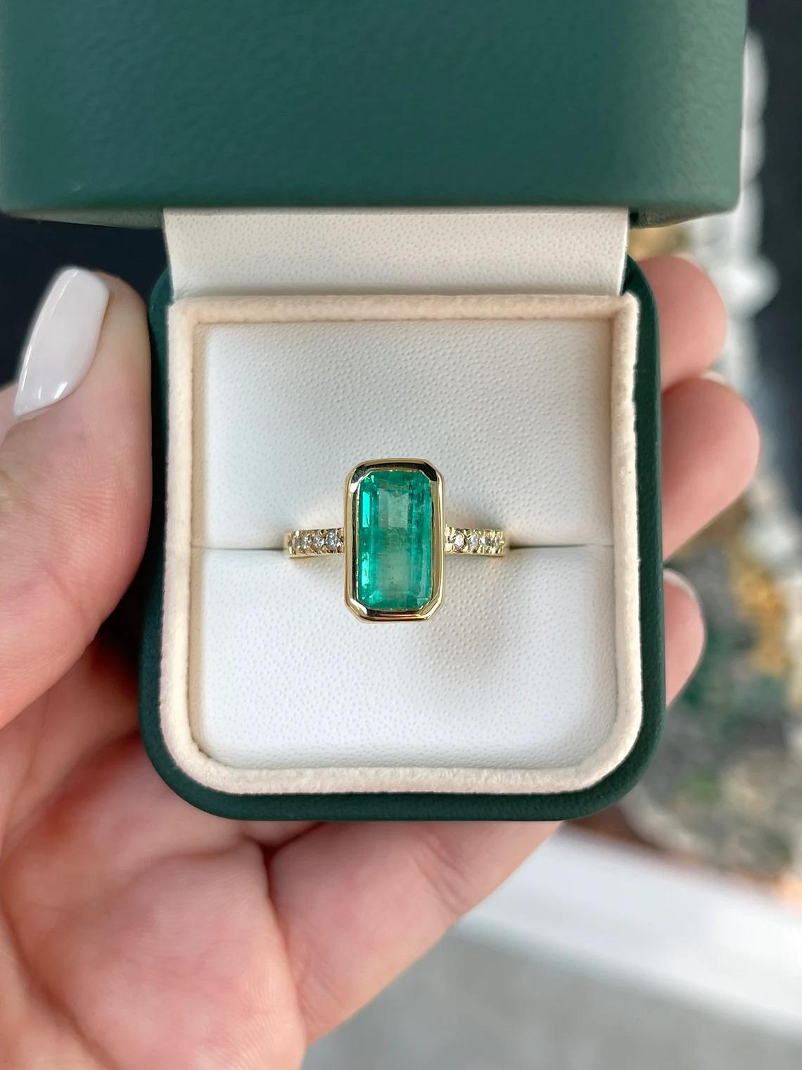 3.56tcw 18K Elongated Emerald-Emerald Cut Bezel Set & Diamond Accent Gold Ring For Sale 1