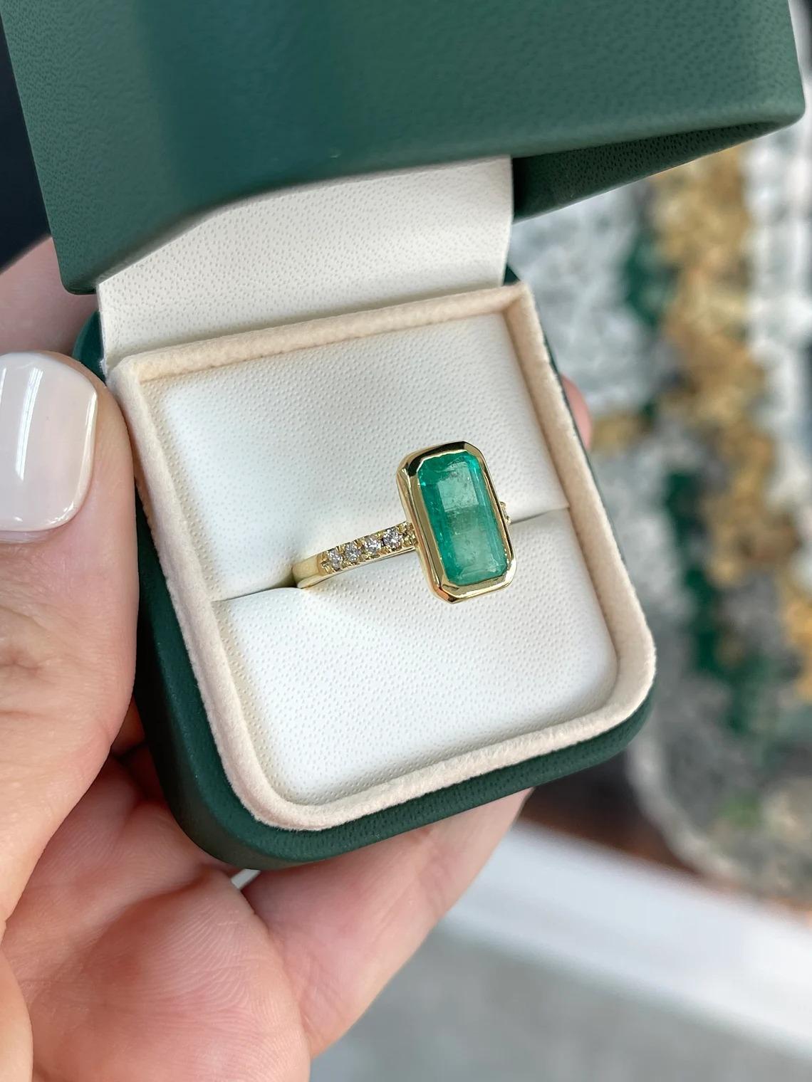3.56tcw 18K Elongated Emerald-Emerald Cut Bezel Set & Diamond Accent Gold Ring For Sale 2