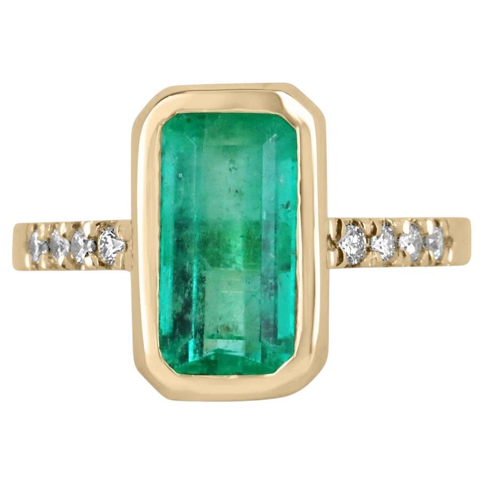 3.56tcw 18K Elongated Emerald-Emerald Cut Bezel Set & Diamond Accent Gold Ring For Sale