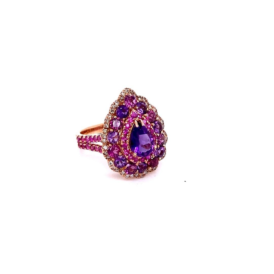 Pear Cut 3.57 Carat Amethyst Pink Sapphire Diamond Rose Gold Cocktail Ring For Sale