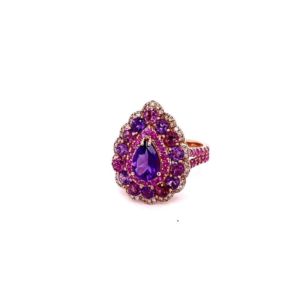 3.57 Carat Amethyst Pink Sapphire Diamond Rose Gold Cocktail Ring In New Condition For Sale In Los Angeles, CA