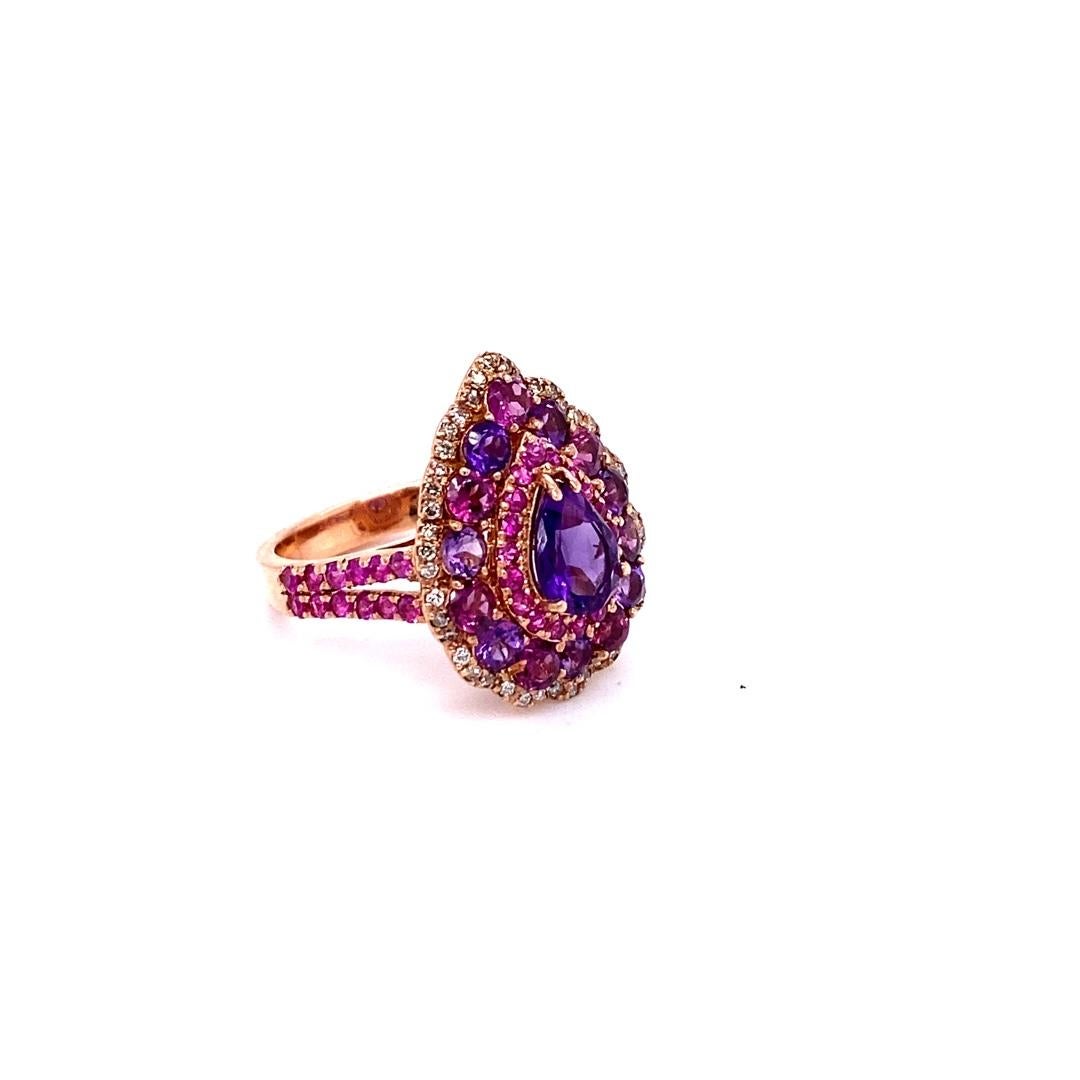 Women's 3.57 Carat Amethyst Pink Sapphire Diamond Rose Gold Cocktail Ring For Sale