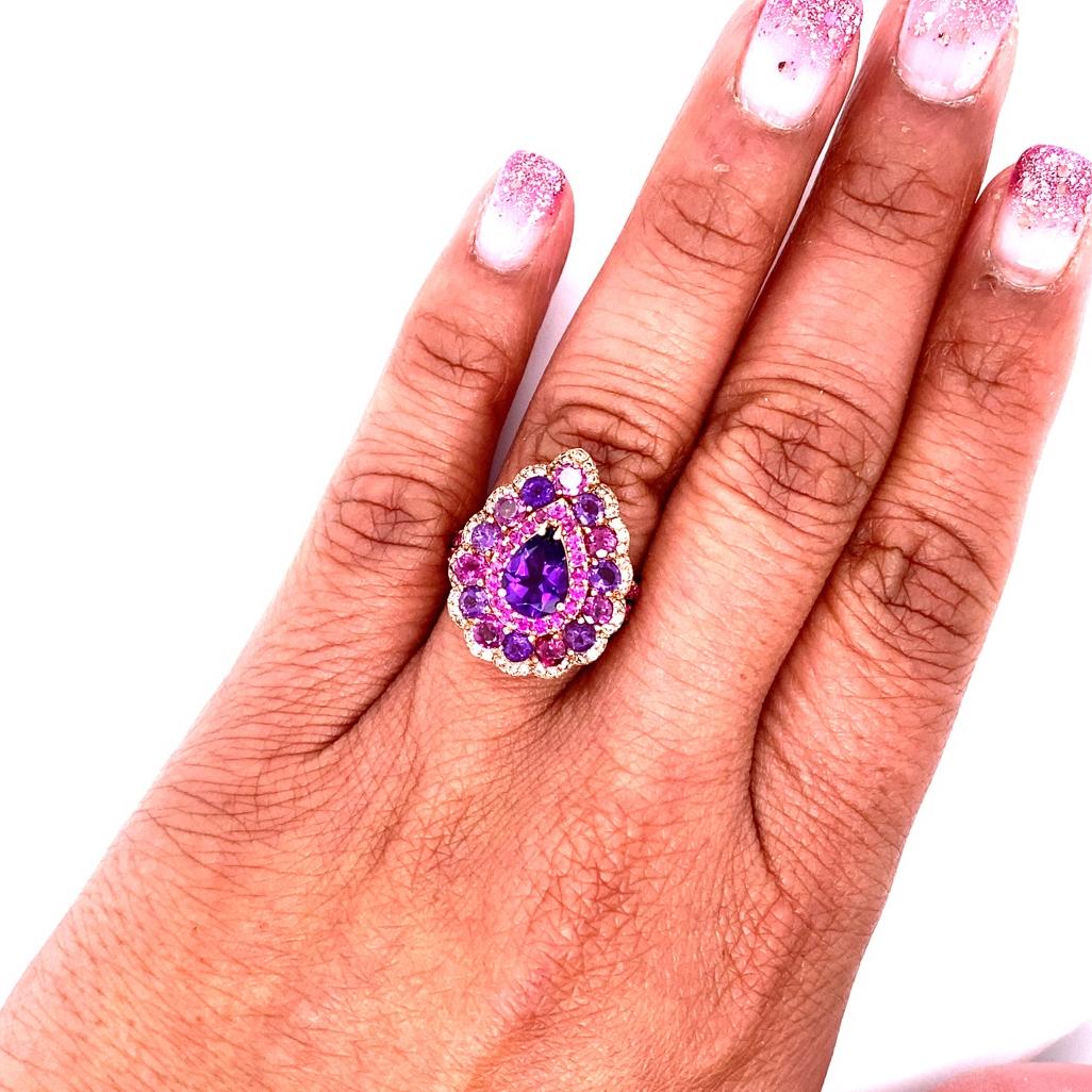 3.57 Carat Amethyst Pink Sapphire Diamond Rose Gold Cocktail Ring For Sale 1
