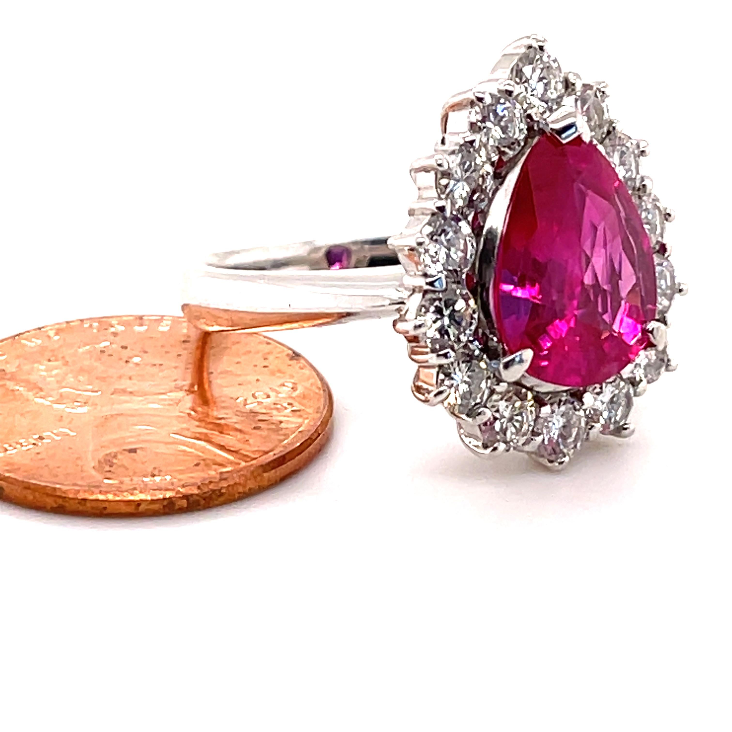 Pear Cut 3.57 Carat Burma Ruby and Diamond Ring in Platinum For Sale