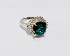 3.57 Carat Cushion Cut Indicolite Tourmaline Double Diamond Halo Platinum Ring
