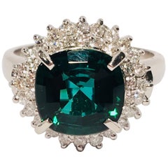 3.57 Carat Cushion Cut Indicolite Tourmaline Double Diamond Halo Platinum Ring