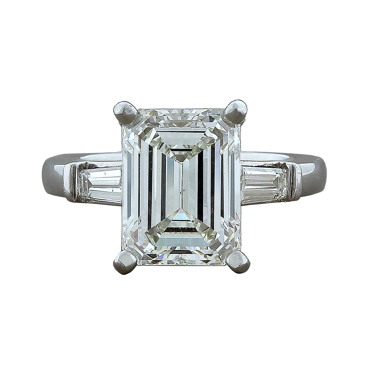 3.57 Carat Diamond Emerald Cut J VS2 Platinum Engagement Ring