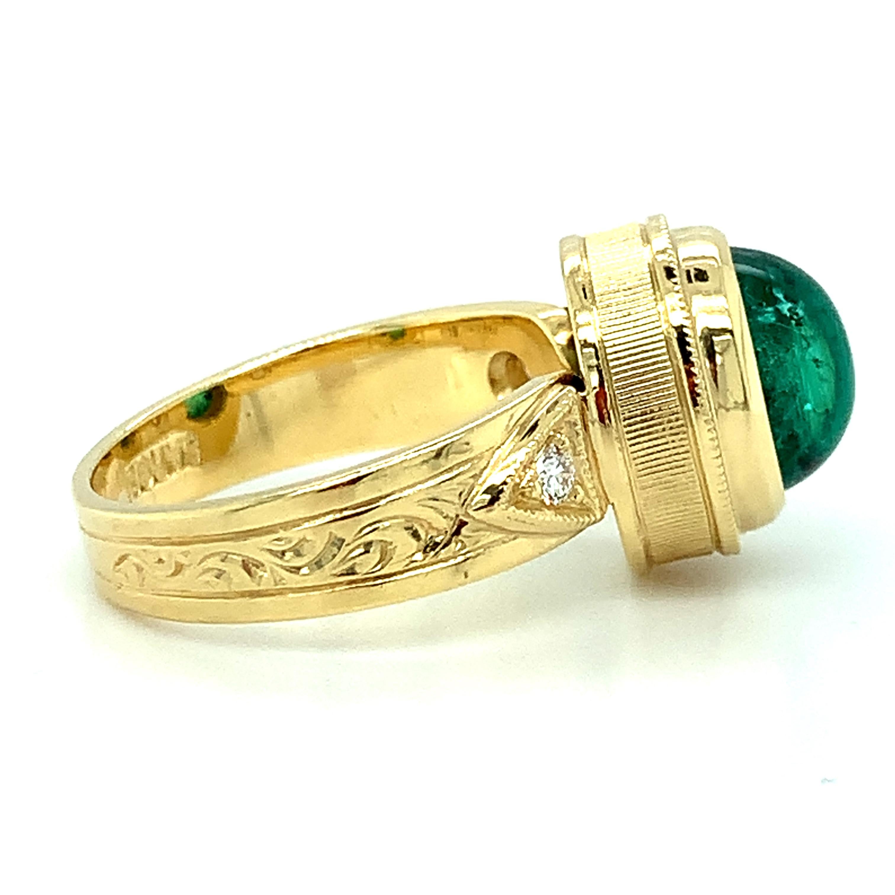 Artisan Emerald Cabochon and Diamond Hand Engraved 18k Yellow Gold Ring, 3.57 Carats For Sale