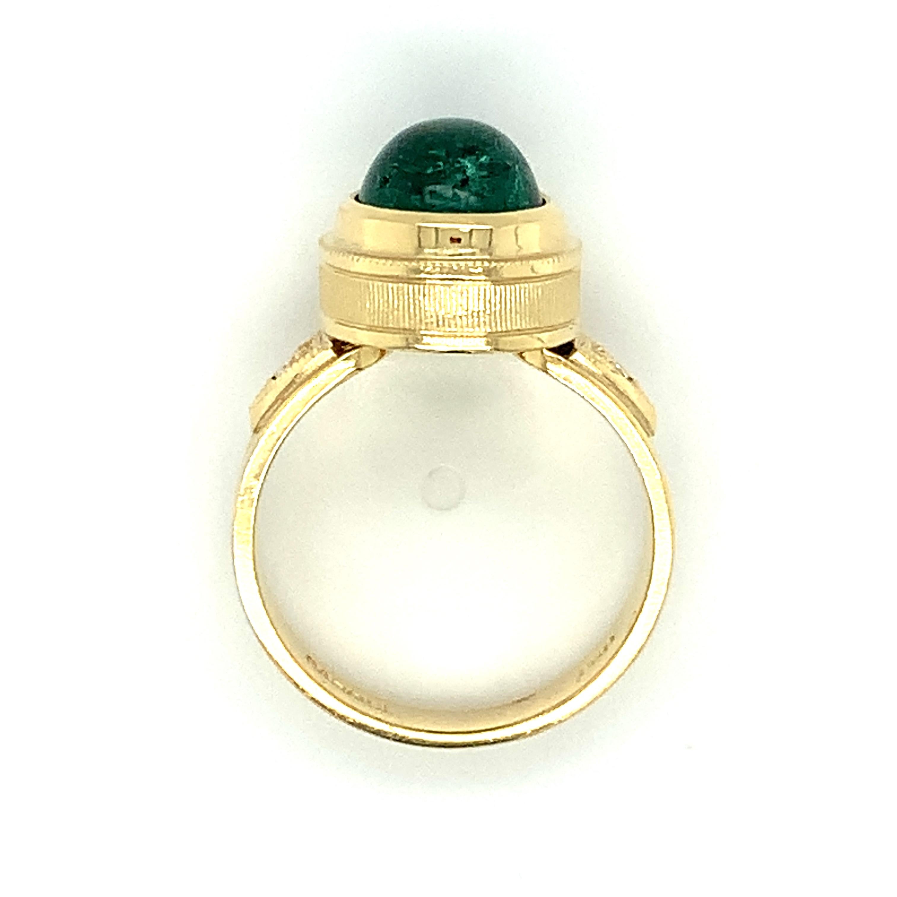 Women's or Men's Emerald Cabochon and Diamond Hand Engraved 18k Yellow Gold Ring, 3.57 Carats For Sale