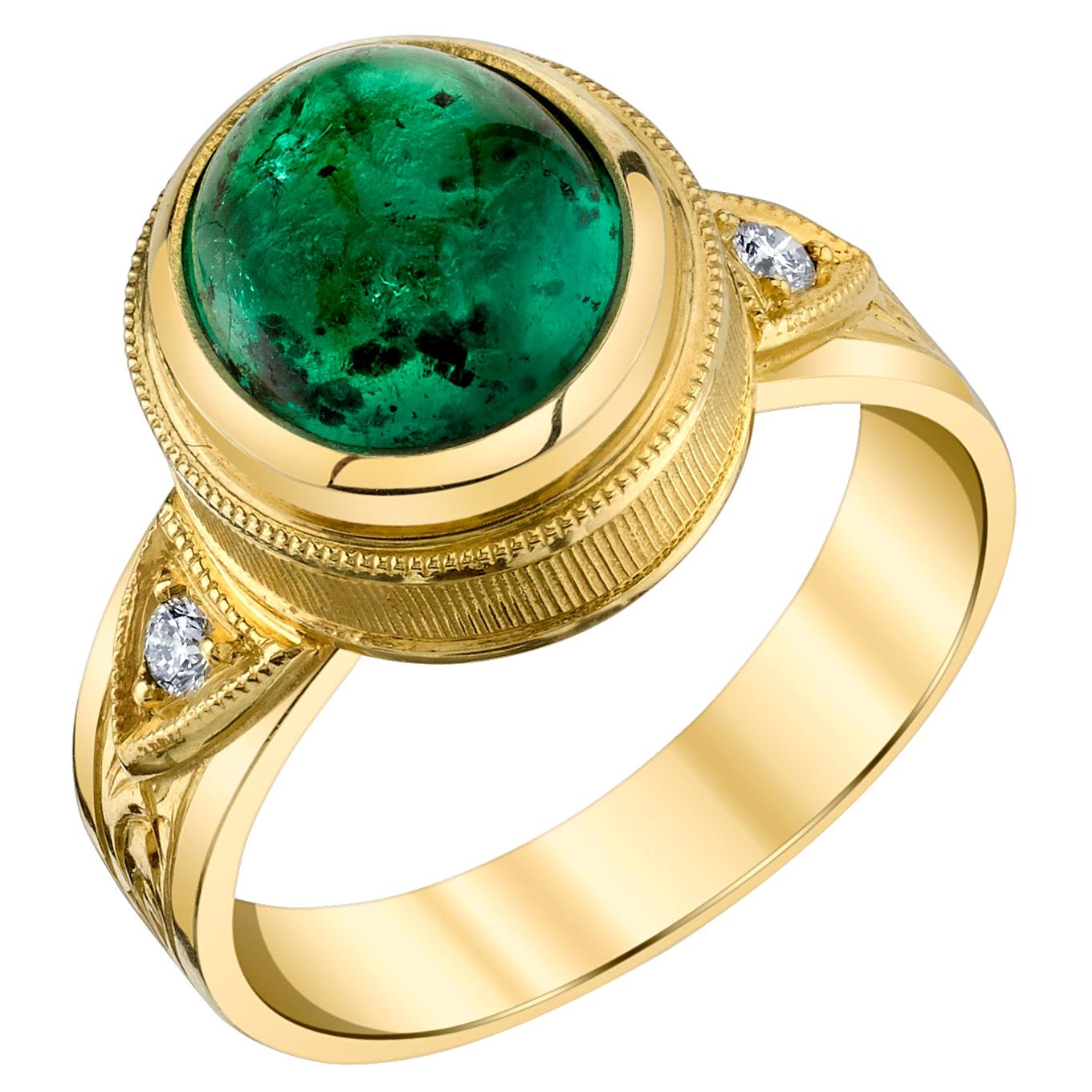 Emerald Cabochon and Diamond Hand Engraved 18k Yellow Gold Ring, 3.57 Carats For Sale