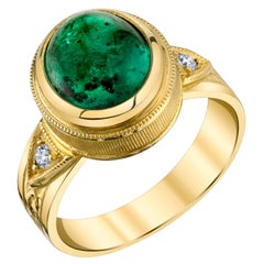 Used Emerald Cabochon and Diamond Hand Engraved 18k Yellow Gold Ring, 3.57 Carats