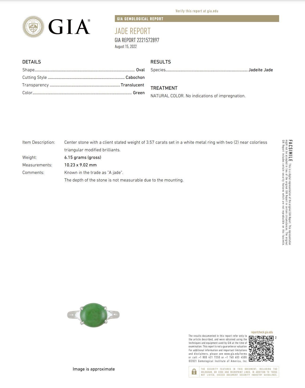 Women's 3.57 Carat Jadeite Jade Grade A GIA Diamond Platinum Ring Estate Fine Jewelry For Sale