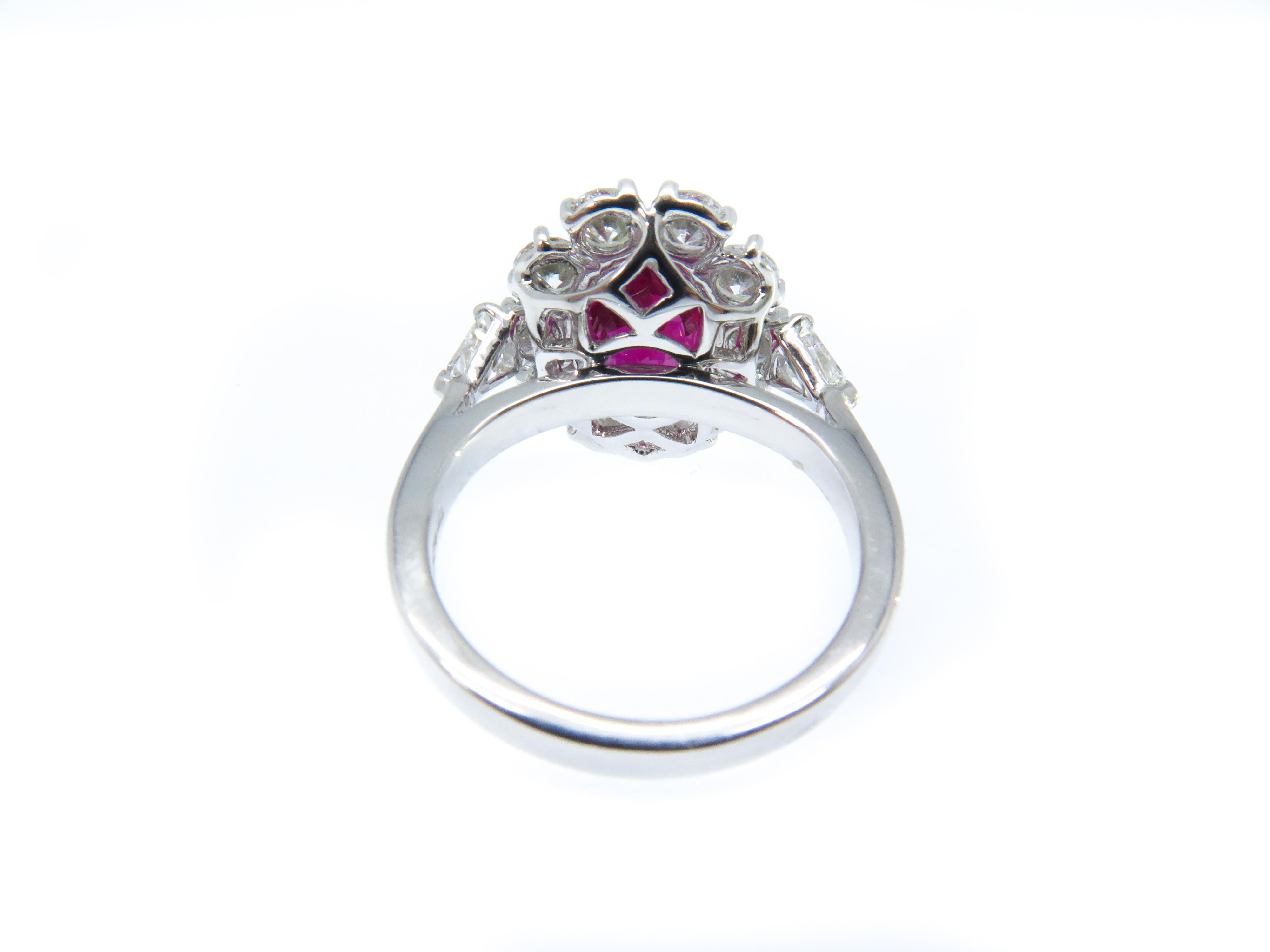 Oval Cut Platinum 3.57 Carat Oval Mozambique Ruby and White Diamond Cluster Ring For Sale