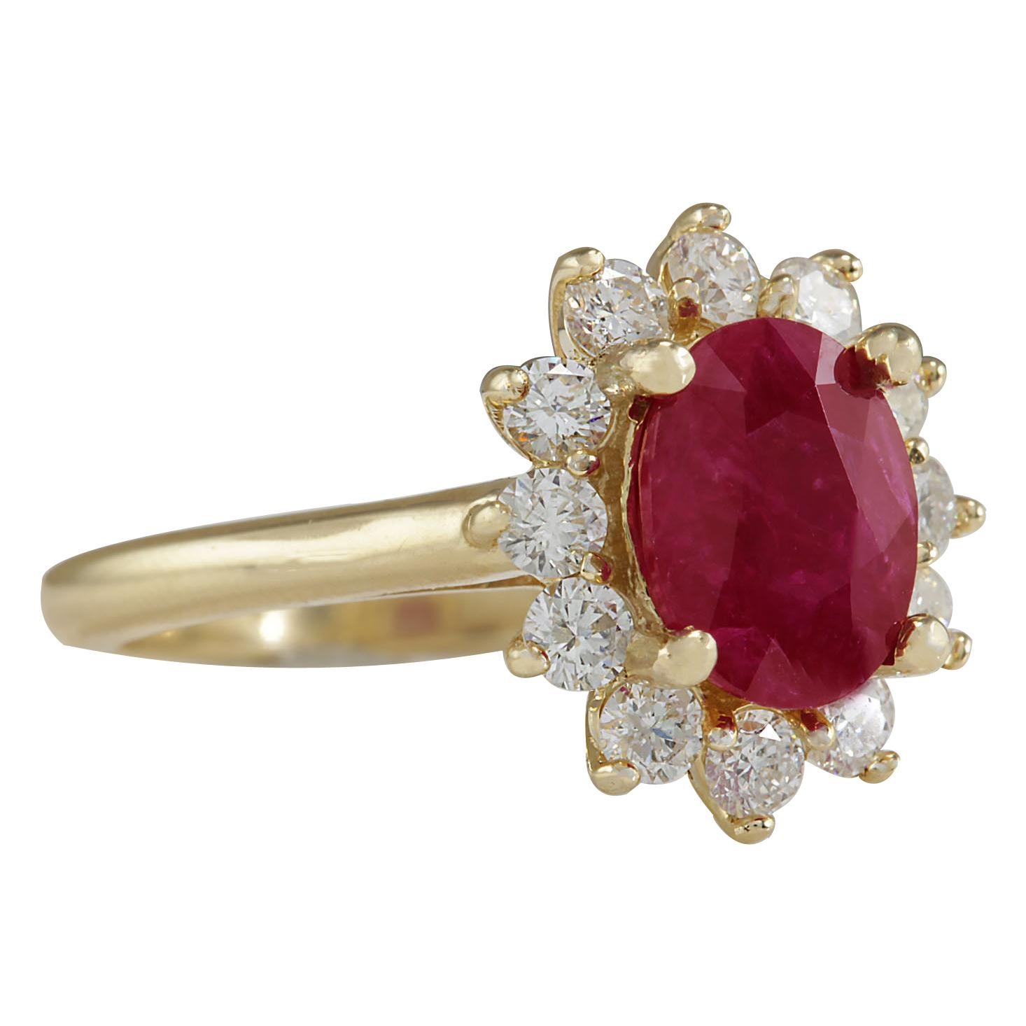 3.57 Carat Natural Ruby 14 Karat Yellow Gold Diamond Ring
Stamped: 14K Yellow Gold
Total Ring Weight: 4.2 Grams
Total Natural Ruby Weight is 2.44 Carat (Measures: 9.00x7.00 mm)
Color: Red
Total Natural Diamond Weight is 1.13 Carat
Color: F-G,