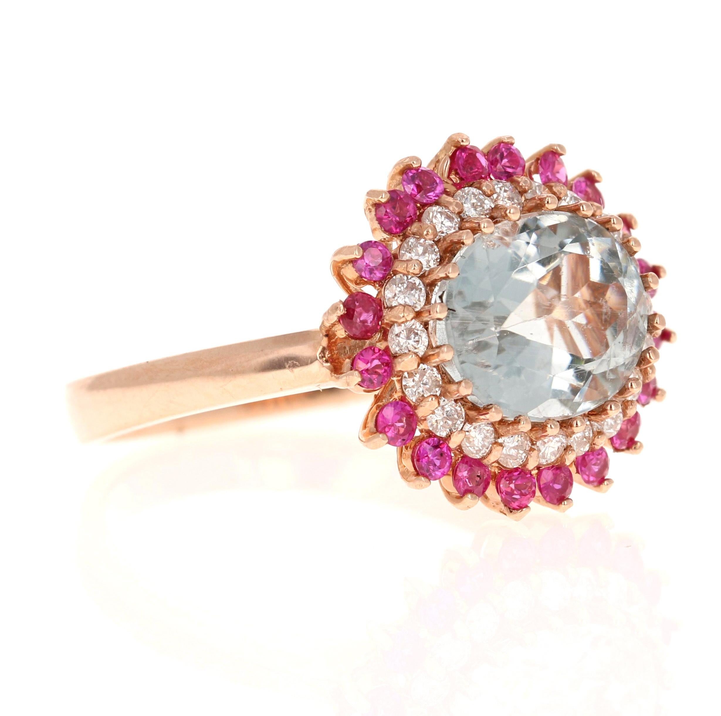 This Ring has a pretty light blue Oval Cut Tourmaline as its center stone that weighs 2.82 carats.
The Tourmaline is surrounded by 20 sparkly Round Cut Diamonds that weigh 0.32 Carats (Clarity: SI2, Color: F) and followed by a row of bright Pink