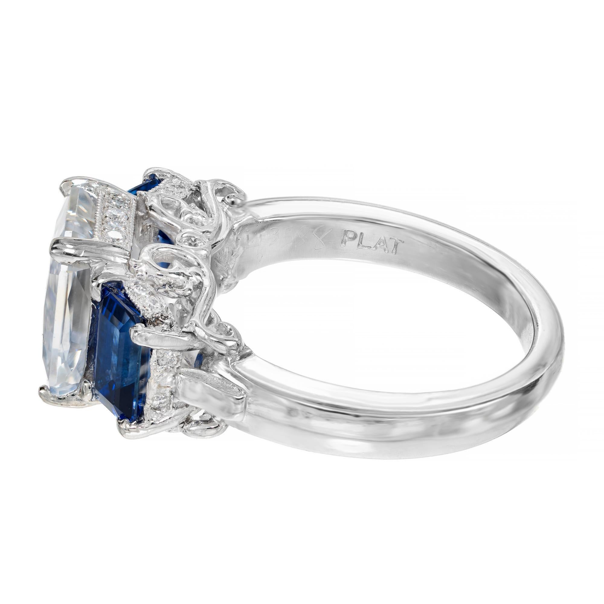 Octagon Cut 3.57 Carat Pink Sapphire Diamond Platinum Scroll Three Stone Engagement Ring  For Sale