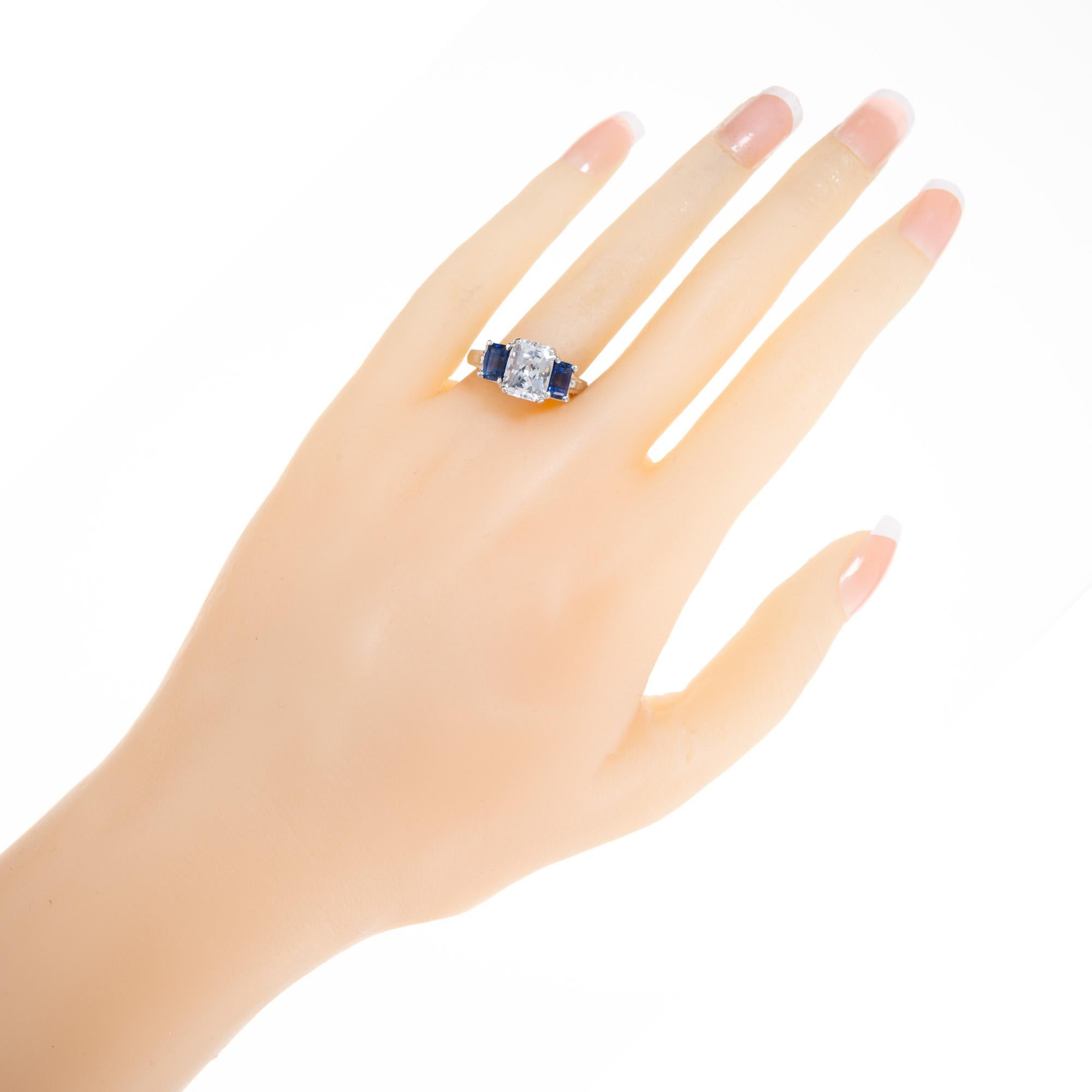 3.57 Carat Pink Sapphire Diamond Platinum Scroll Three Stone Engagement Ring  For Sale 2