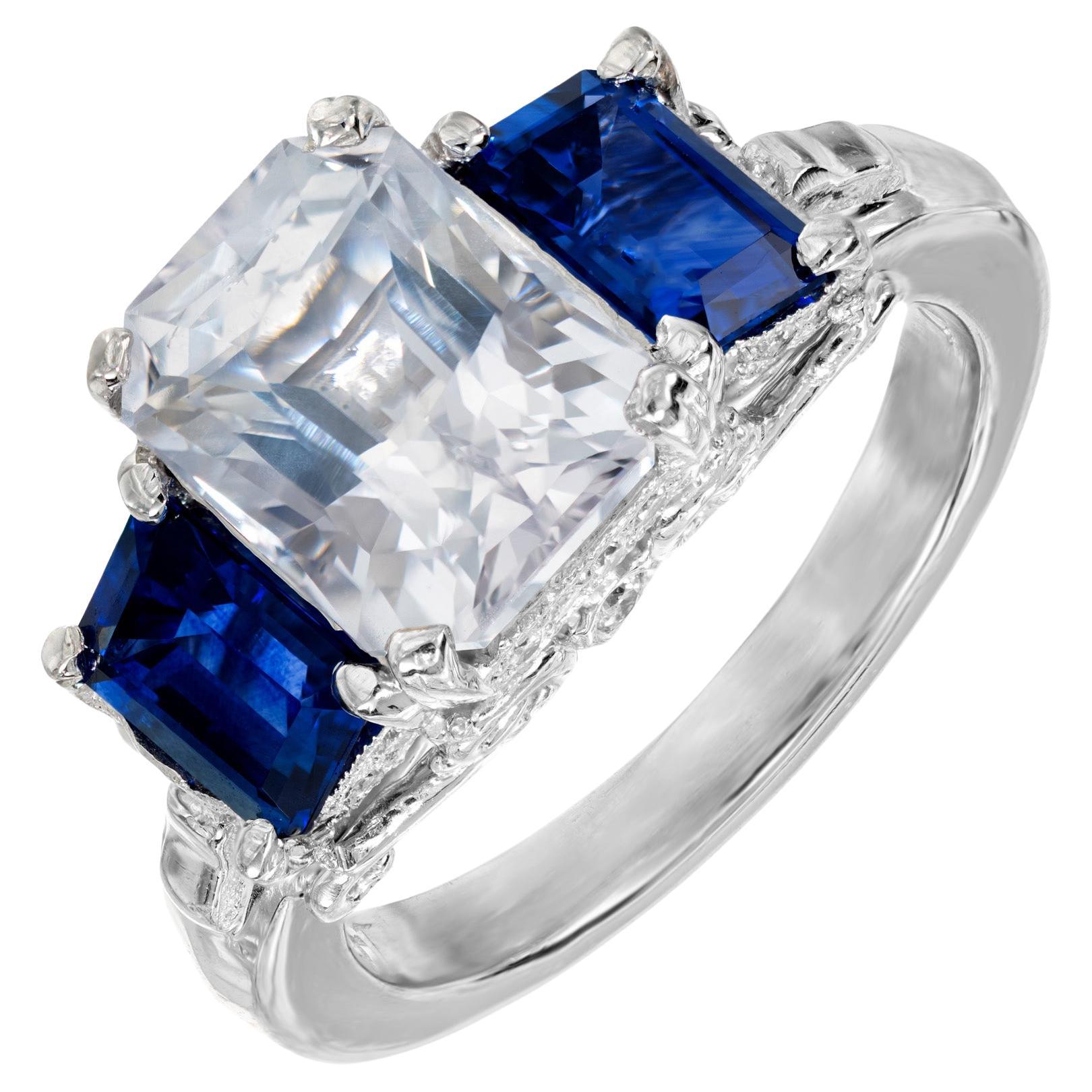 3.57 Carat Pink Sapphire Diamond Platinum Scroll Three Stone Engagement Ring  For Sale