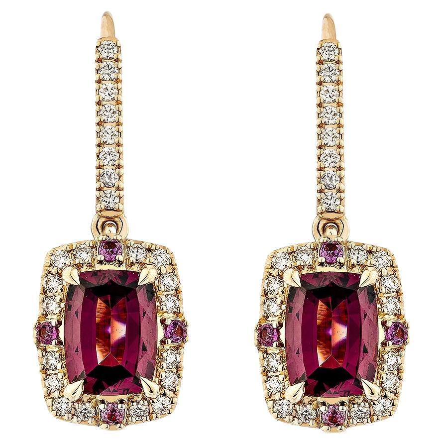 Sunita Nahata Rhodolite 3.57ct. Drop Earring in 18KRG with White Diamond.