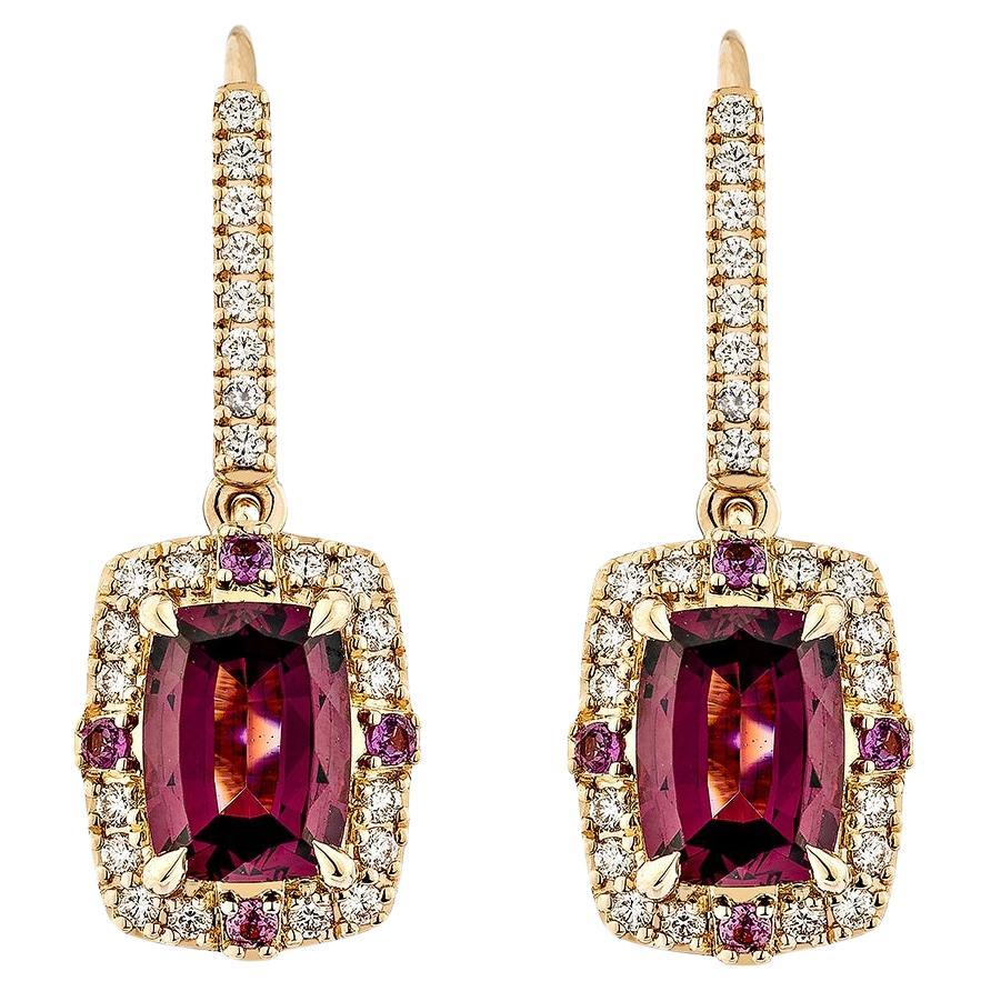 3.57 Carat Rhodolite Drop Earring in 18Karat Rose Gold with White Diamond.