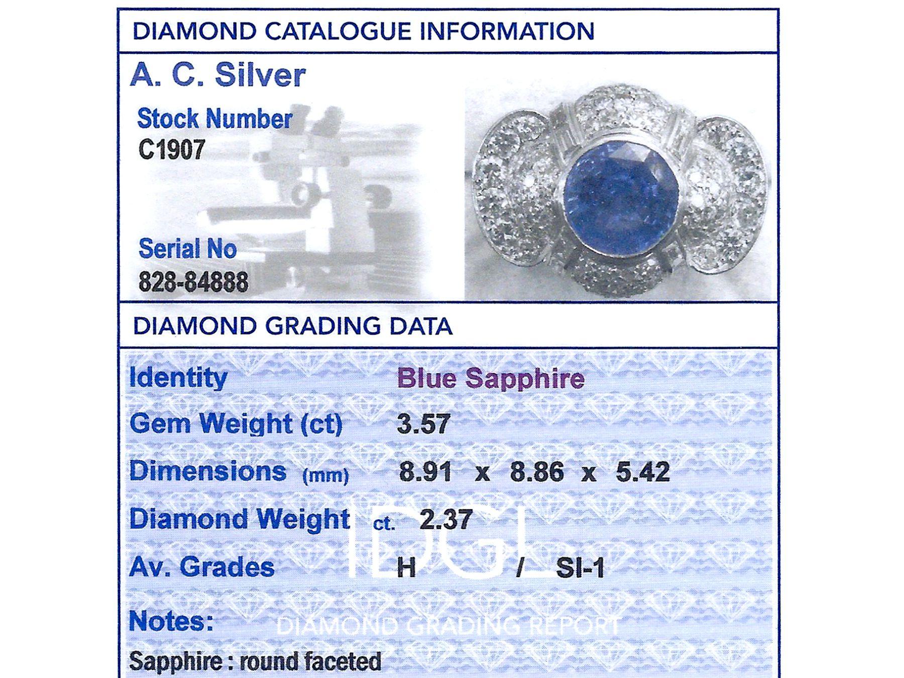 Women's Vintage 3.57 Carat Sapphire 2.37 Carat Diamond Platinum Cocktail Ring For Sale