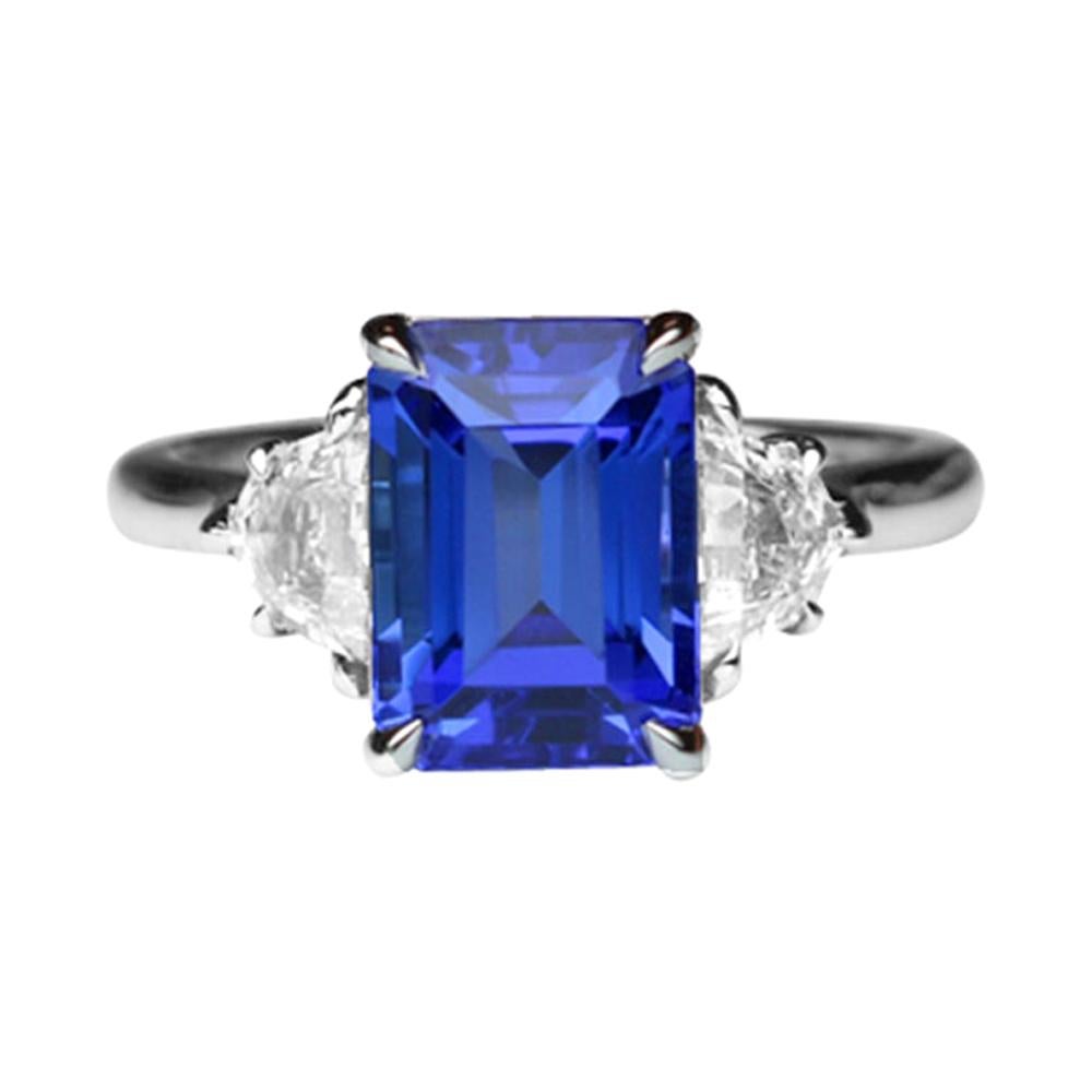 3.57 Carat Tanzanite Emerald Cut and Diamond Platinum Ring Fine Estate Jewelry