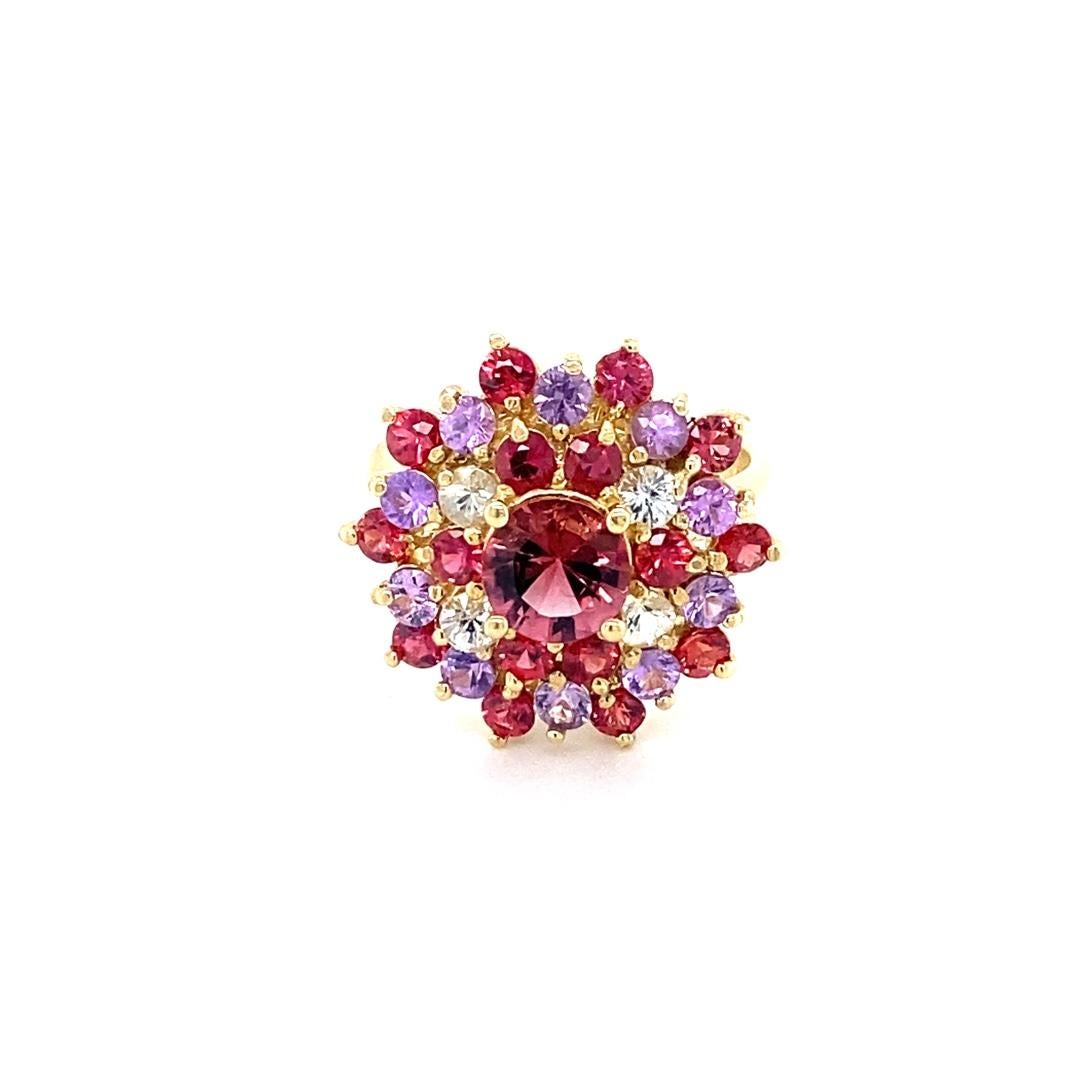 Round Cut 3.57 Carat Tourmaline Sapphire Yellow Gold Cocktail Ring For Sale
