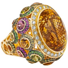 35.72 Carat Oval Cut Citrine Gemstone Diamond Halo Cocktail Ring