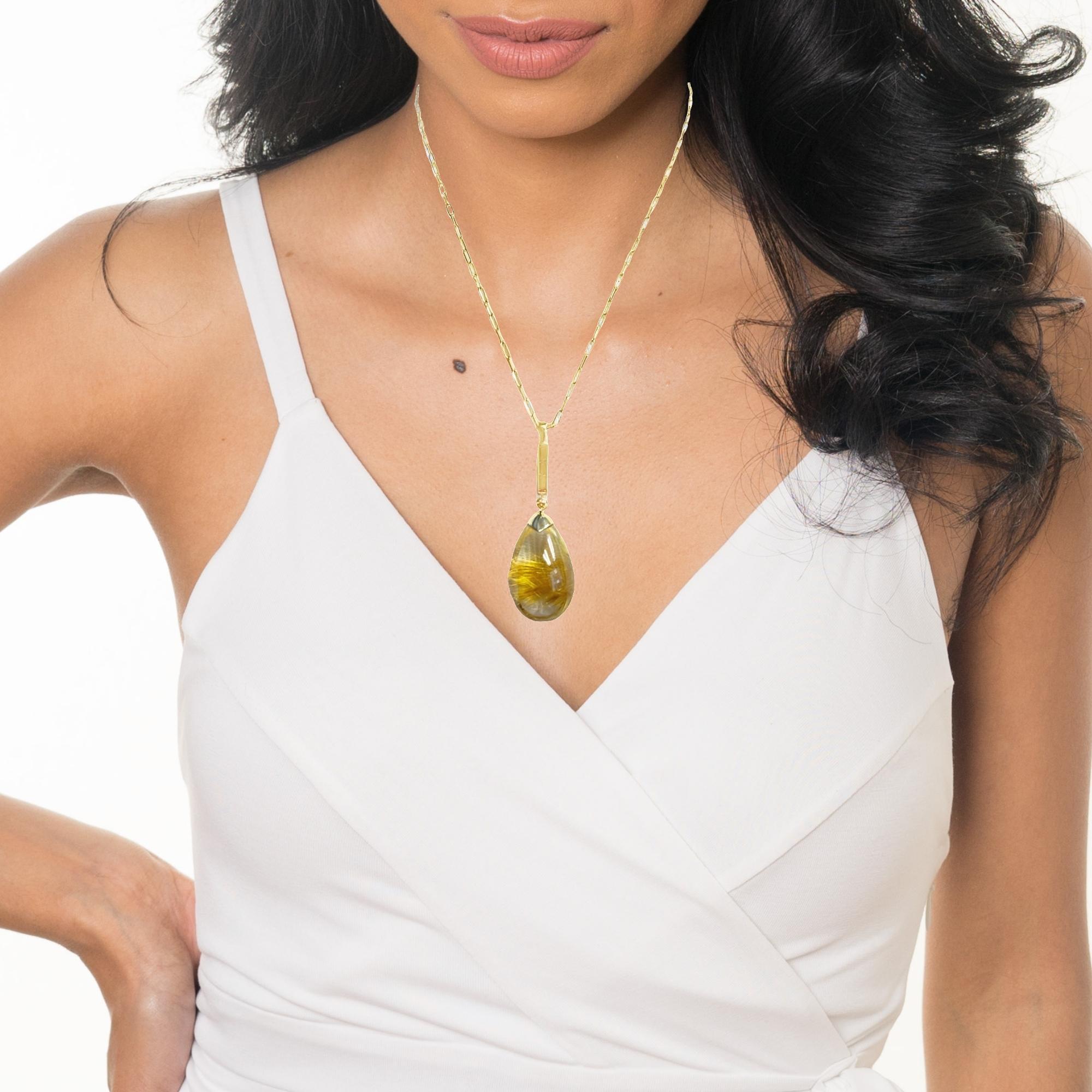 35.74 Carat Rutilated Quartz Pendant with Citrine and Diamond in Yellow Gold For Sale 4