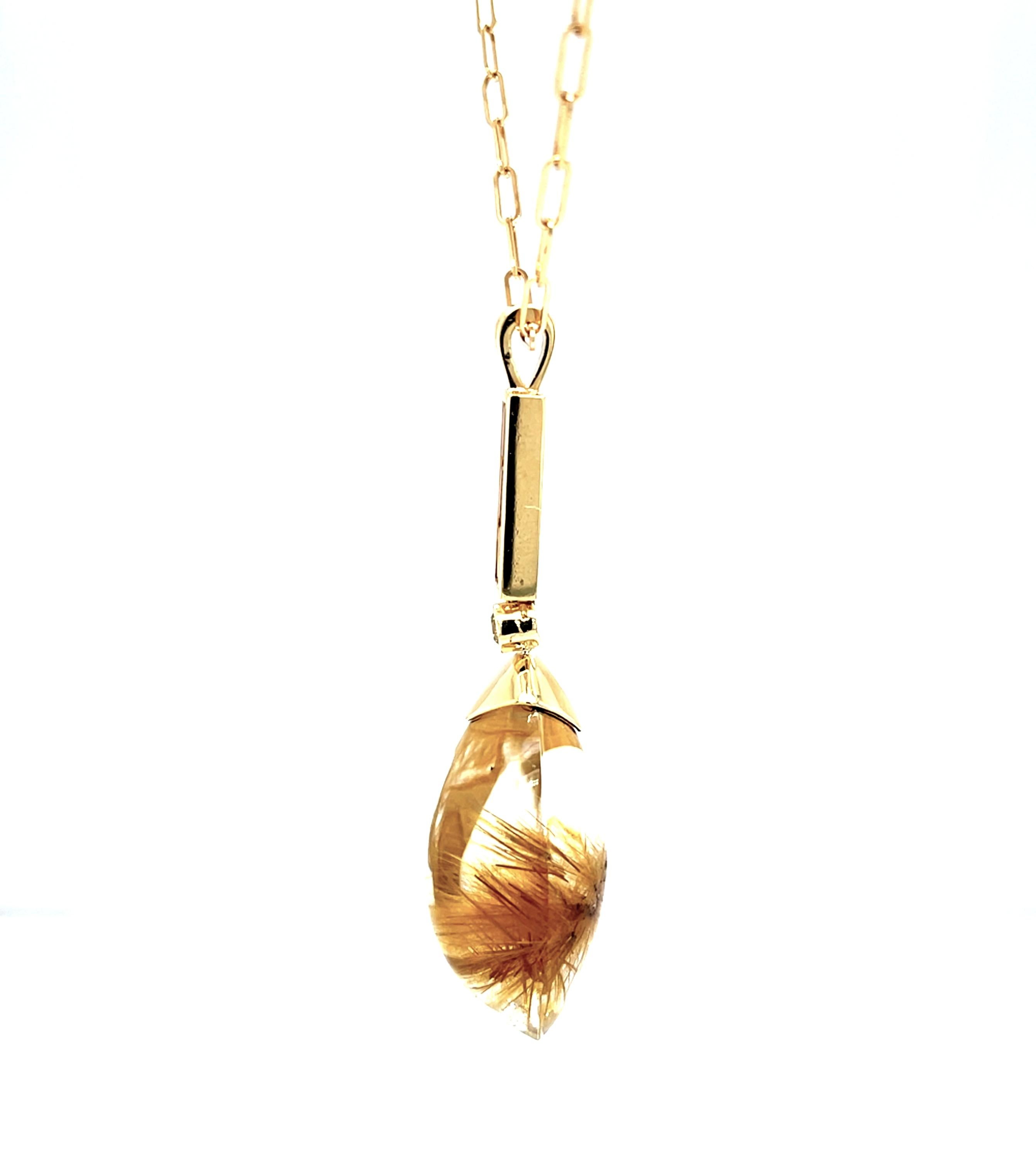 Pear Cut 35.74 Carat Rutilated Quartz Pendant with Citrine and Diamond in Yellow Gold For Sale