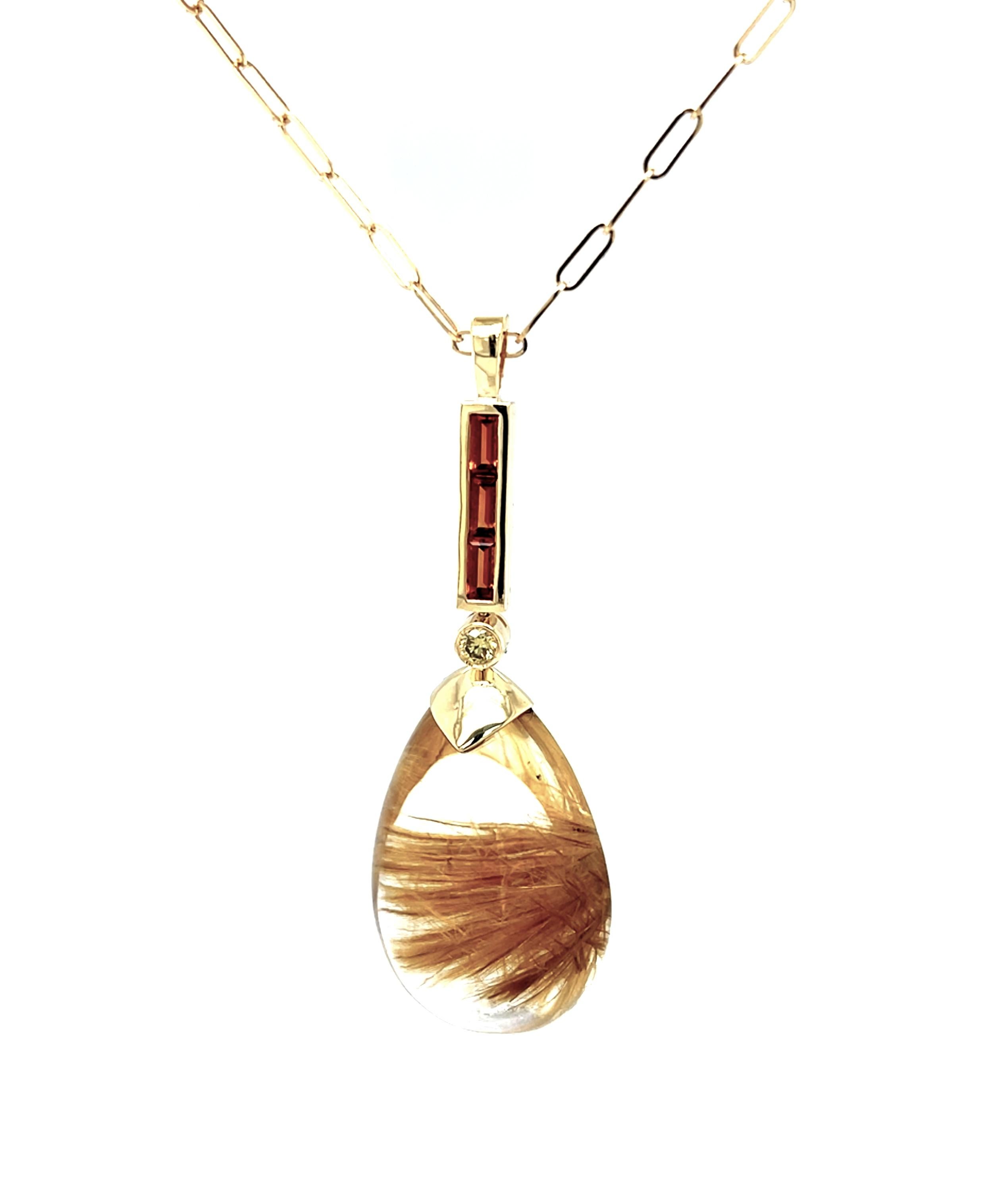 35.74 Carat Rutilated Quartz Pendant with Citrine and Diamond in Yellow Gold In New Condition For Sale In Los Angeles, CA